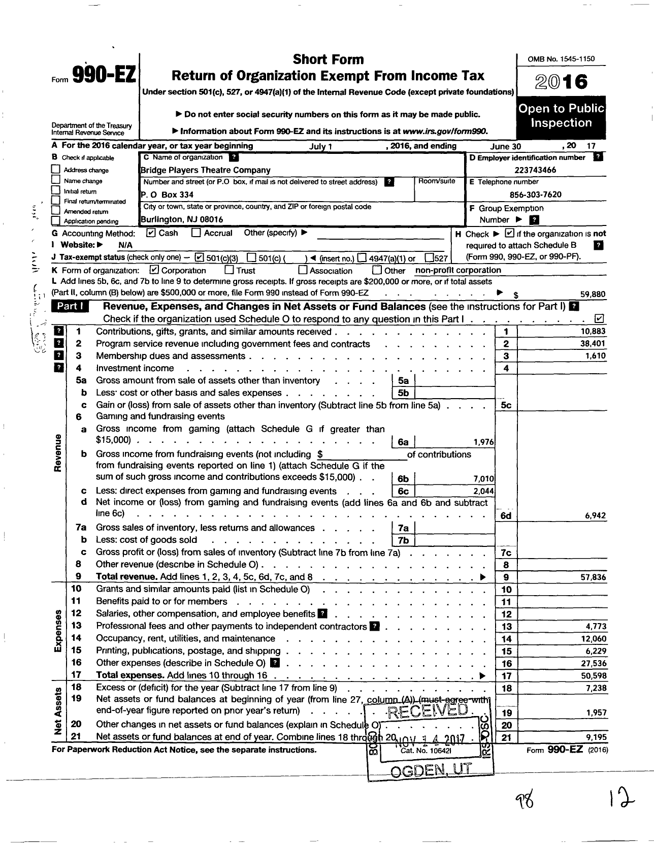 Image of first page of 2016 Form 990EZ for Bridge Players Theatre Company