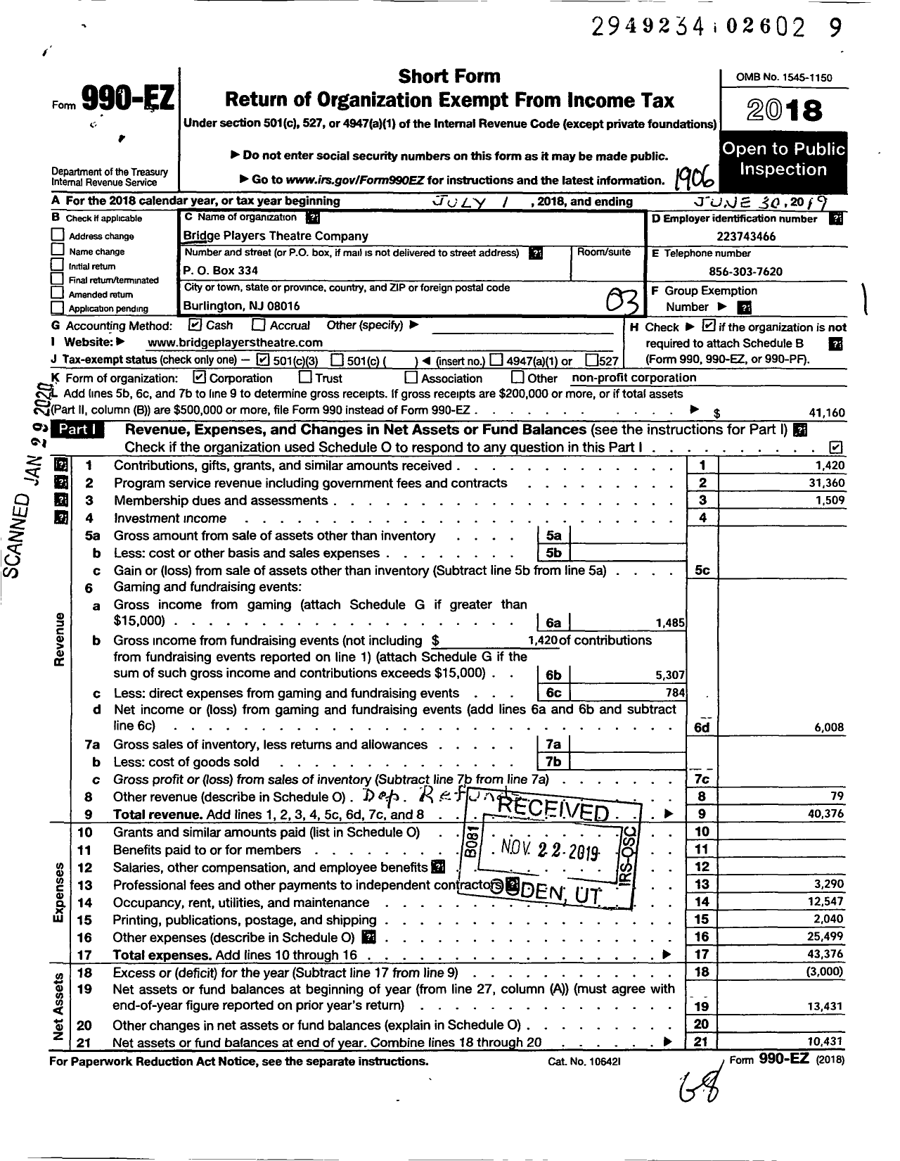 Image of first page of 2018 Form 990EZ for Bridge Players Theatre Company