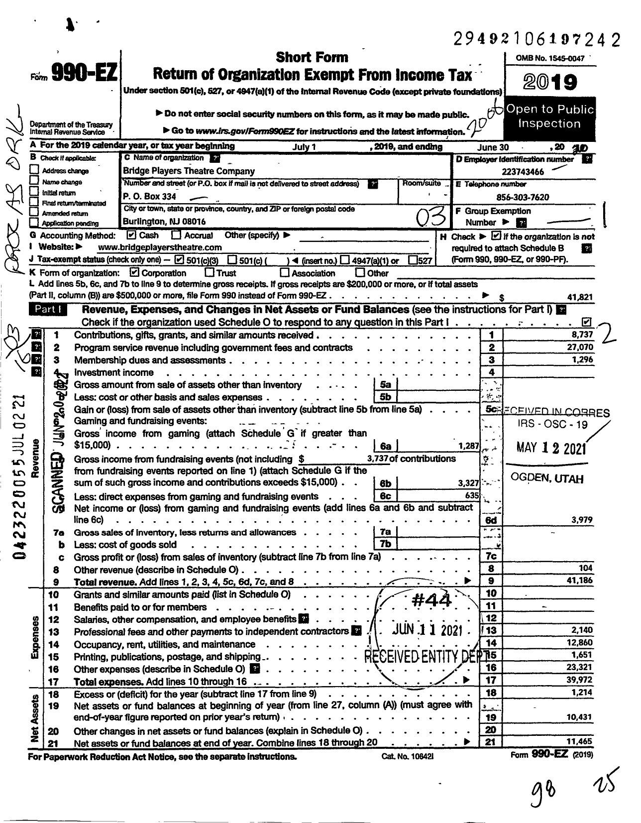 Image of first page of 2019 Form 990EZ for Bridge Players Theatre Company