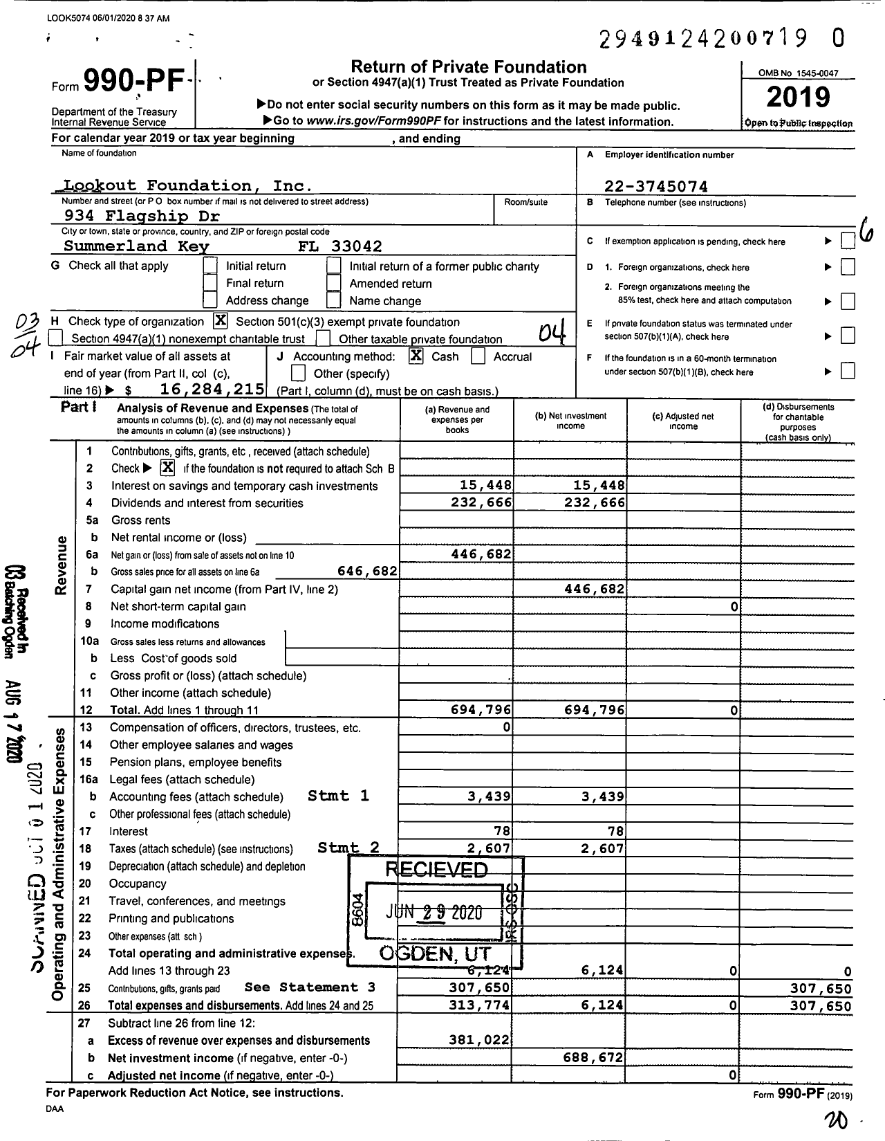 Image of first page of 2019 Form 990PR for Lookout Foundation