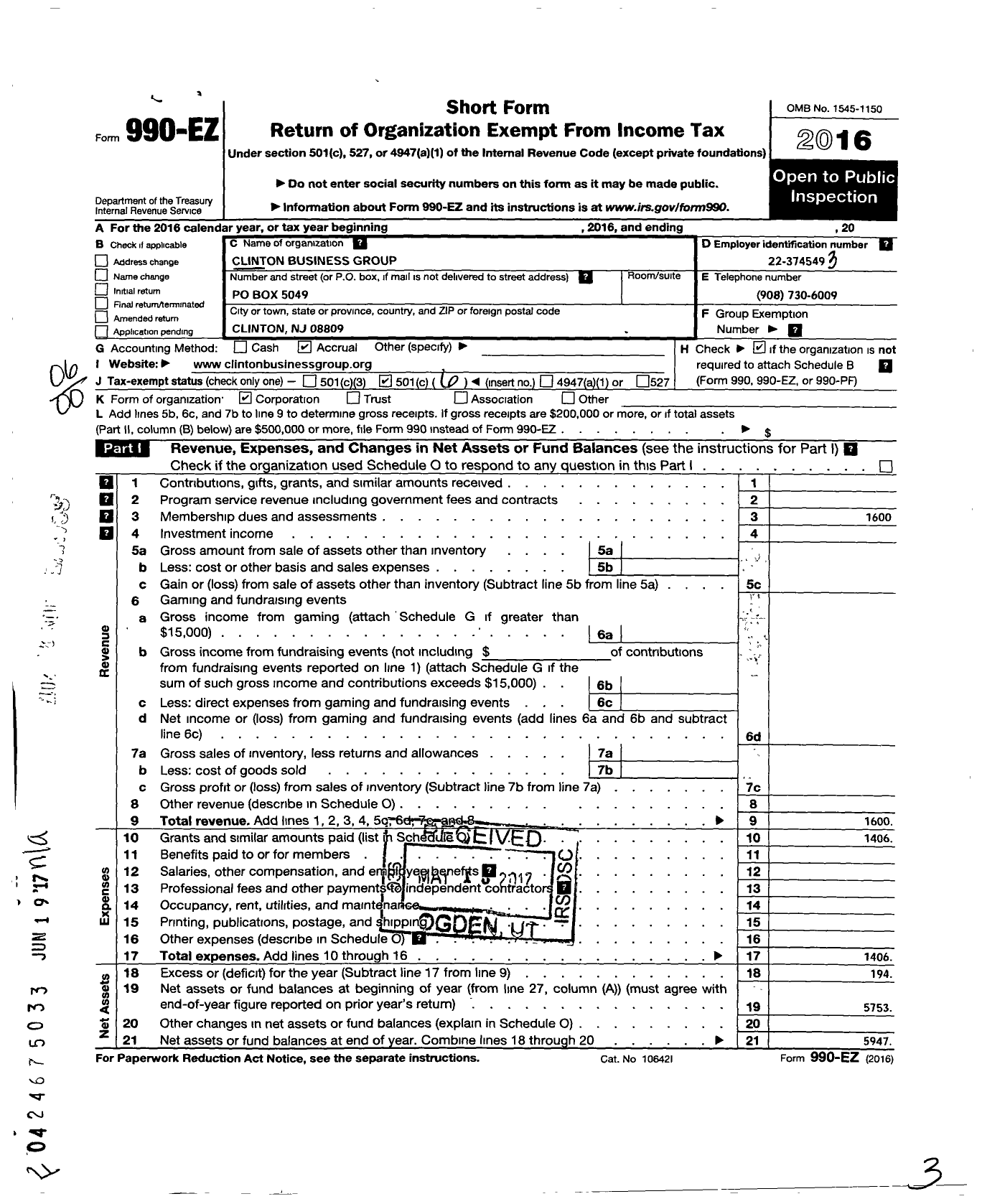 Image of first page of 2016 Form 990EO for Clinton Business Group