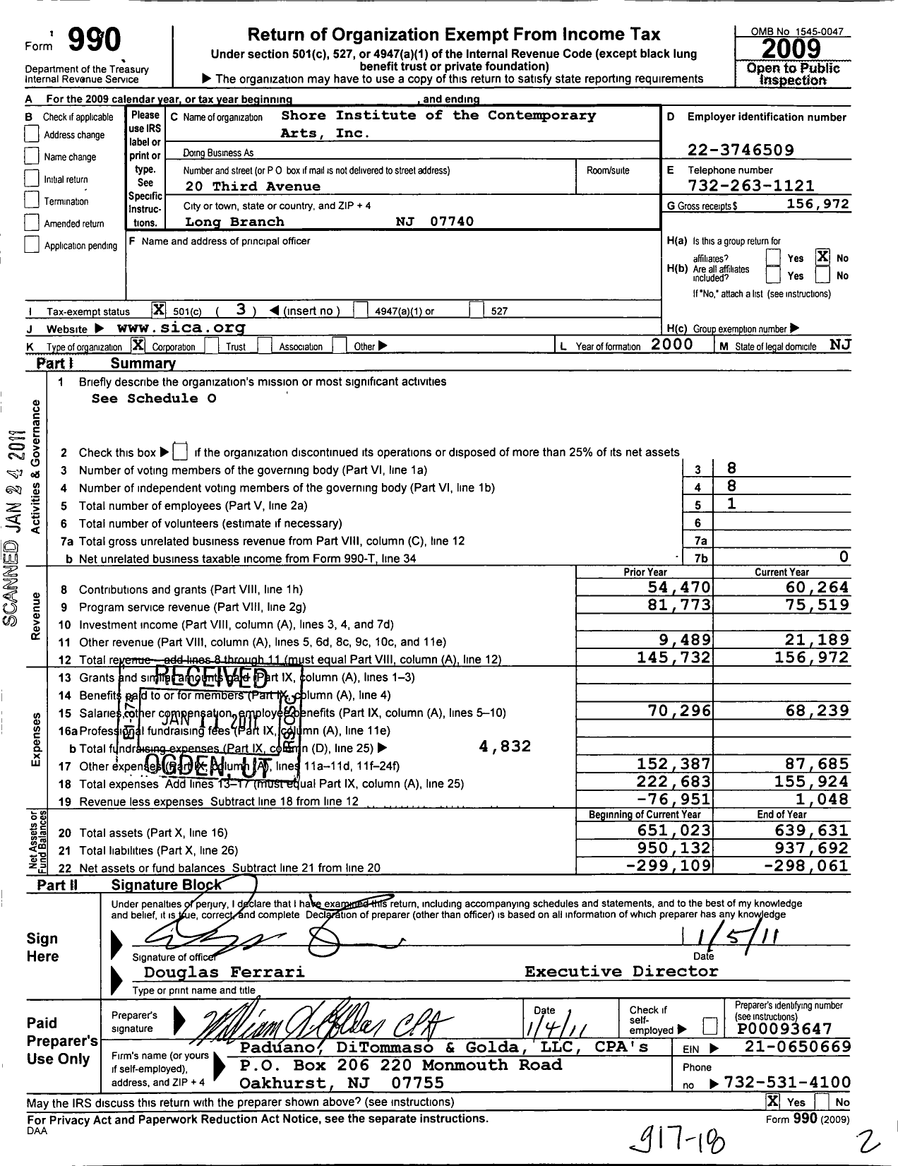 Image of first page of 2009 Form 990 for Shore Institute of the Contemporary Arts