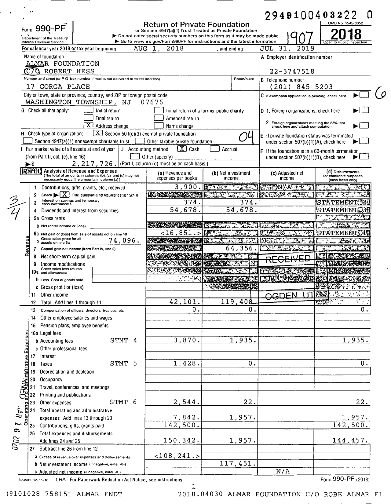 Image of first page of 2018 Form 990PR for Almar Foundation