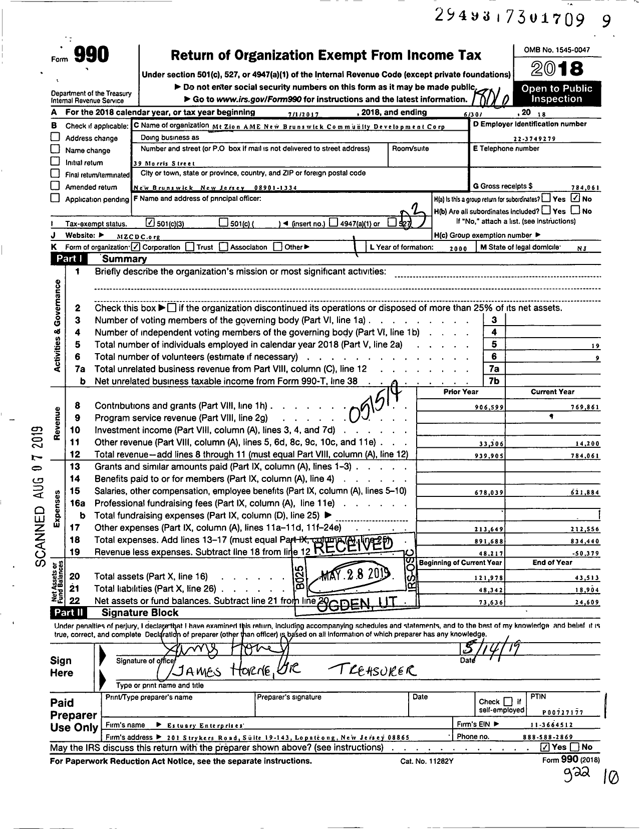 Image of first page of 2017 Form 990 for Mt Zion AME New Brunswick Community Development Corporation