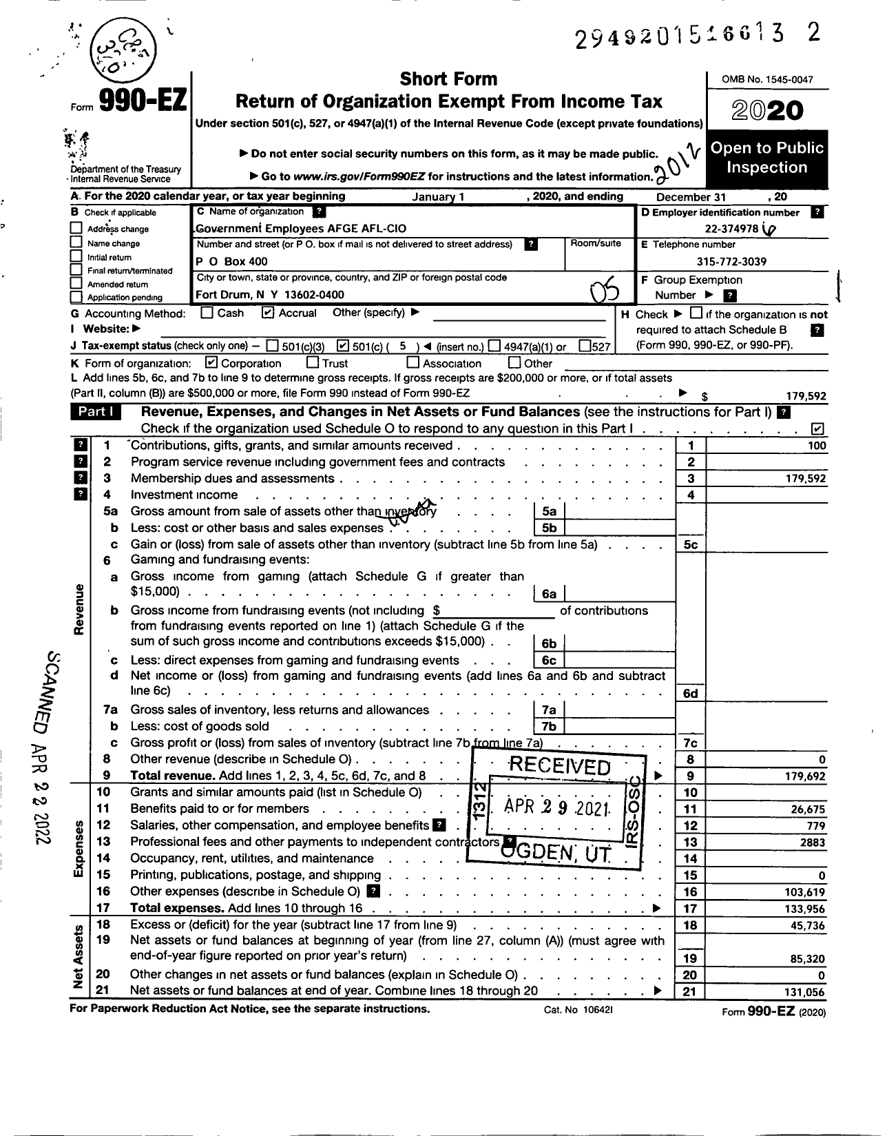 Image of first page of 2020 Form 990EO for American Federation Of Government Employees - 400 Local Afge Aafes
