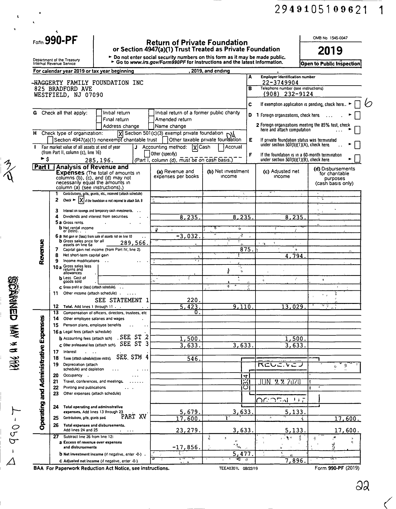 Image of first page of 2019 Form 990PF for Haggerty Family Foundation