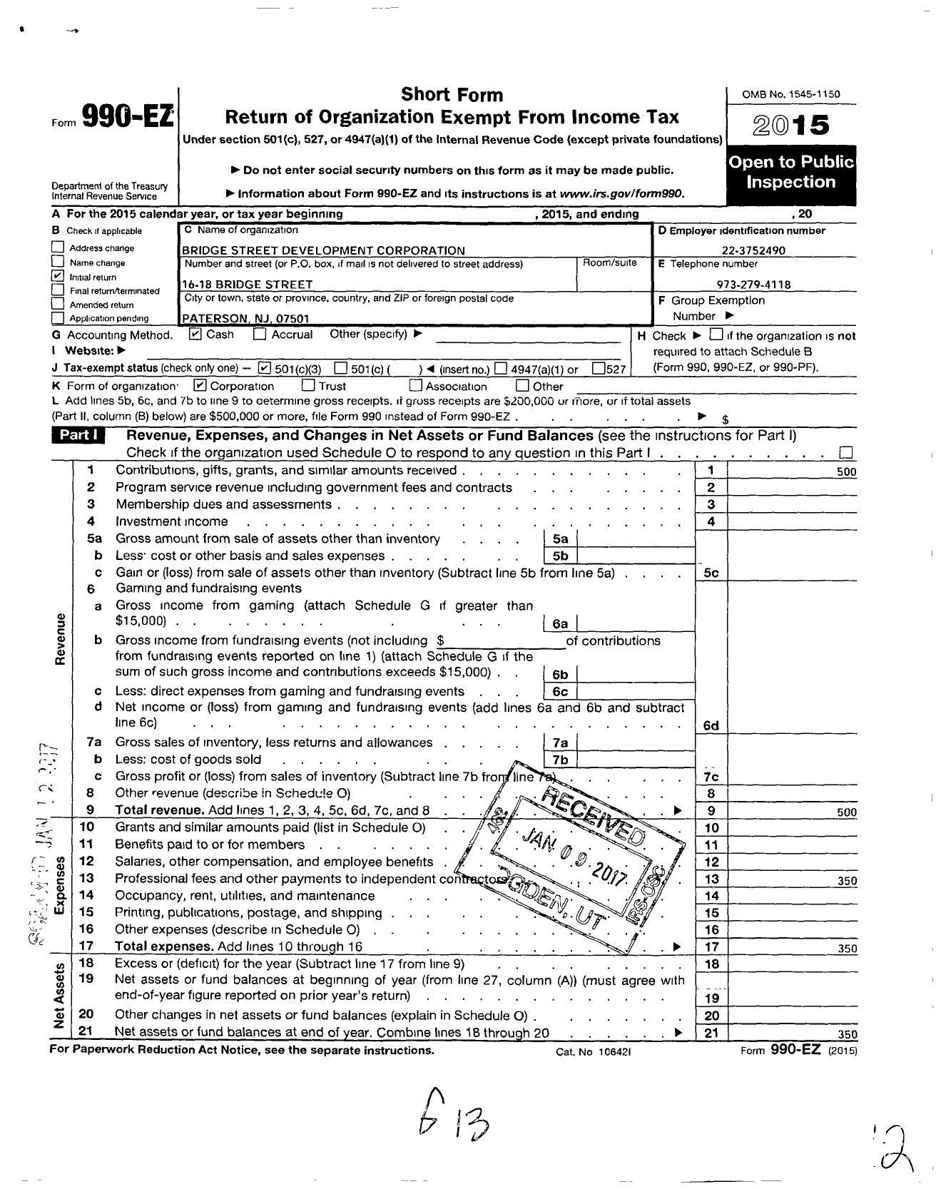 Image of first page of 2015 Form 990EZ for Bridge Street Development