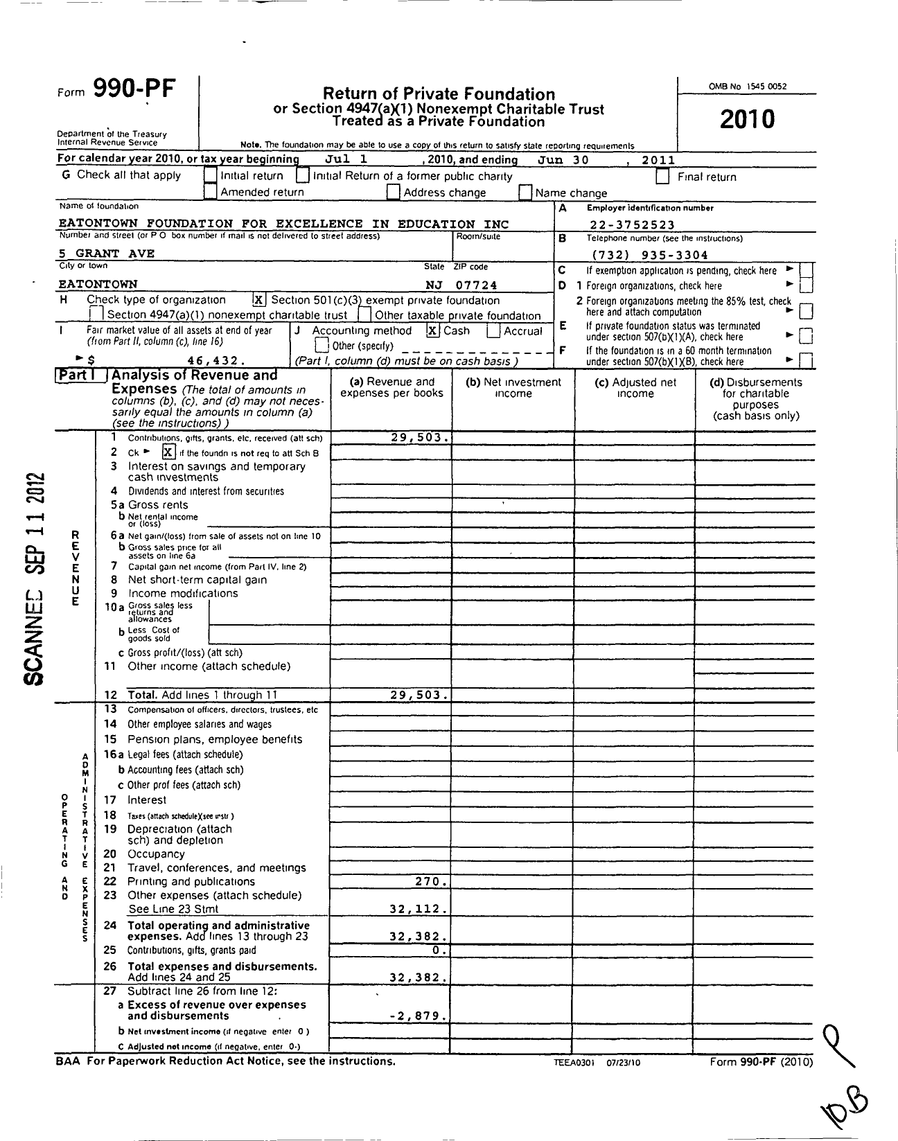 Image of first page of 2010 Form 990PF for Eatontown Foundation for Excellence in Education