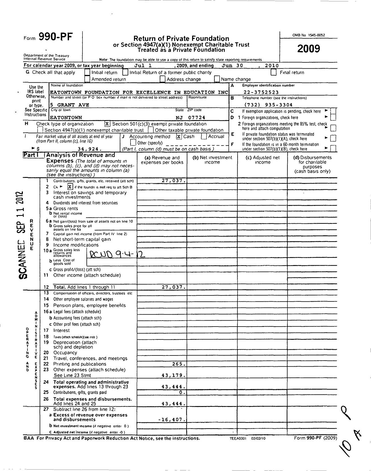 Image of first page of 2009 Form 990PF for Eatontown Foundation for Excellence in Education