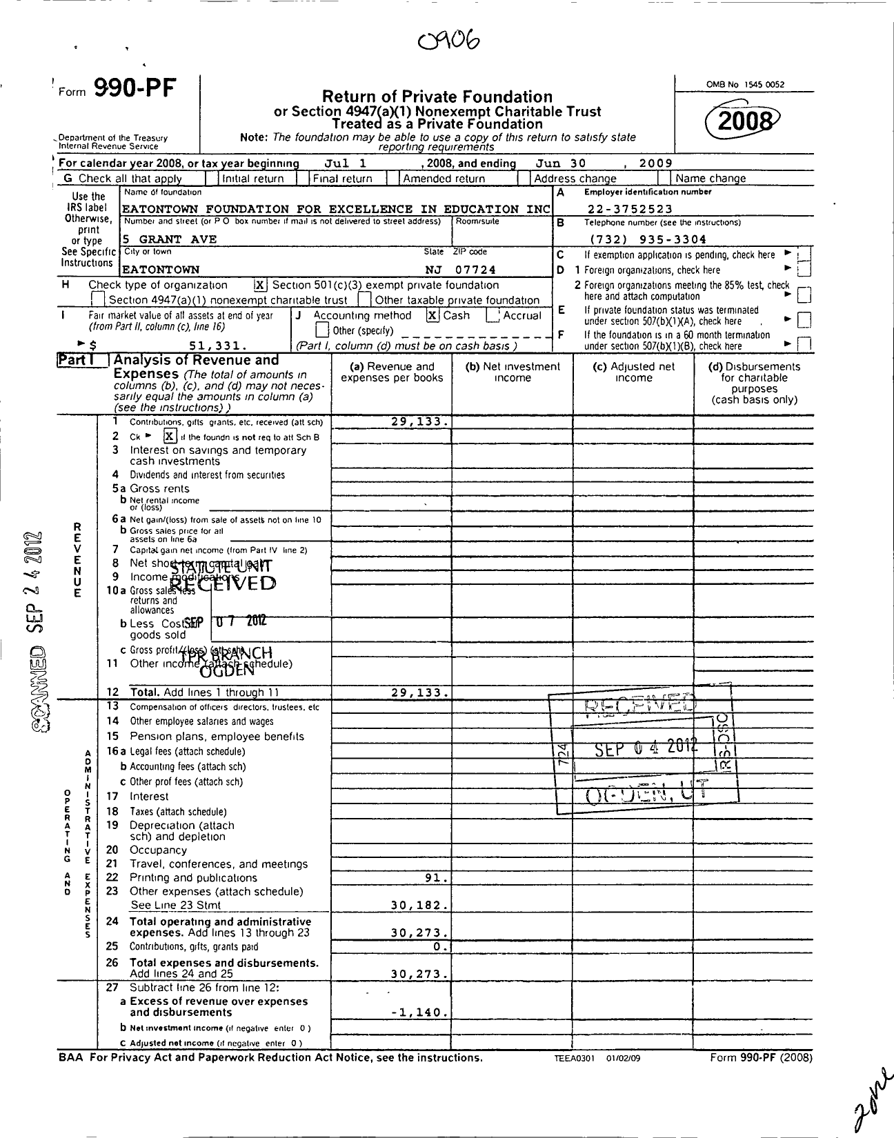 Image of first page of 2008 Form 990PF for Eatontown Foundation for Excellence in Education