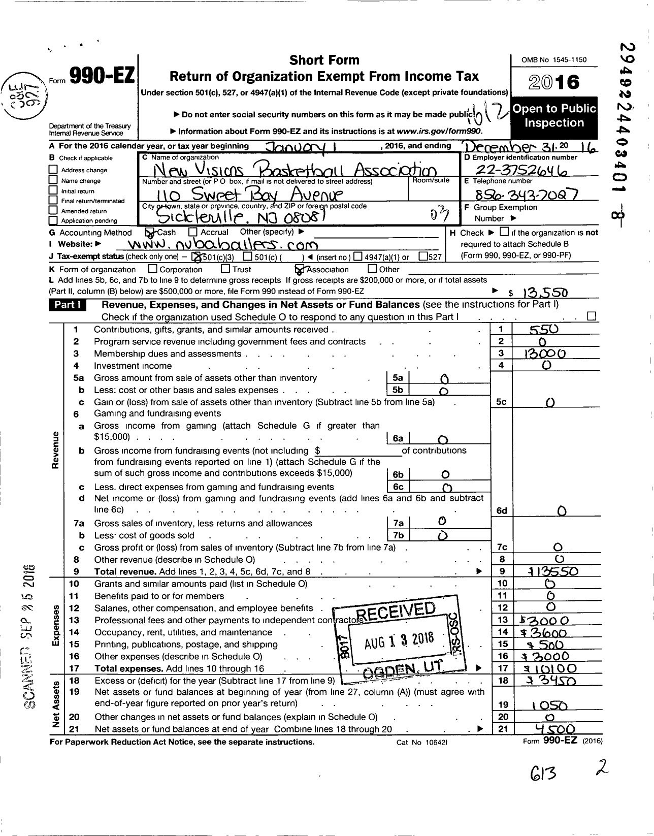 Image of first page of 2016 Form 990EZ for New Vision Basketball Association