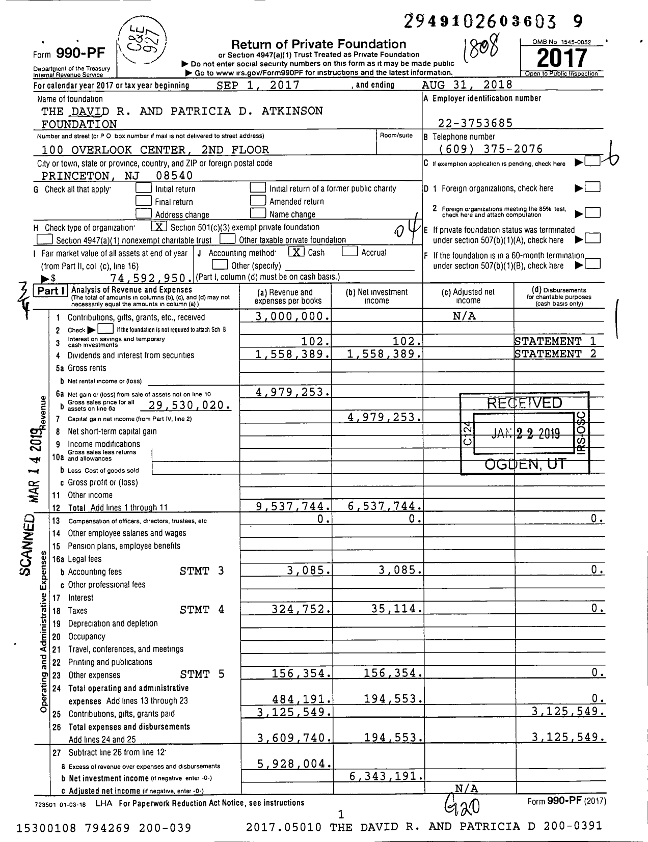 Image of first page of 2017 Form 990PF for The David R and Patricia D Atkinson Foundation