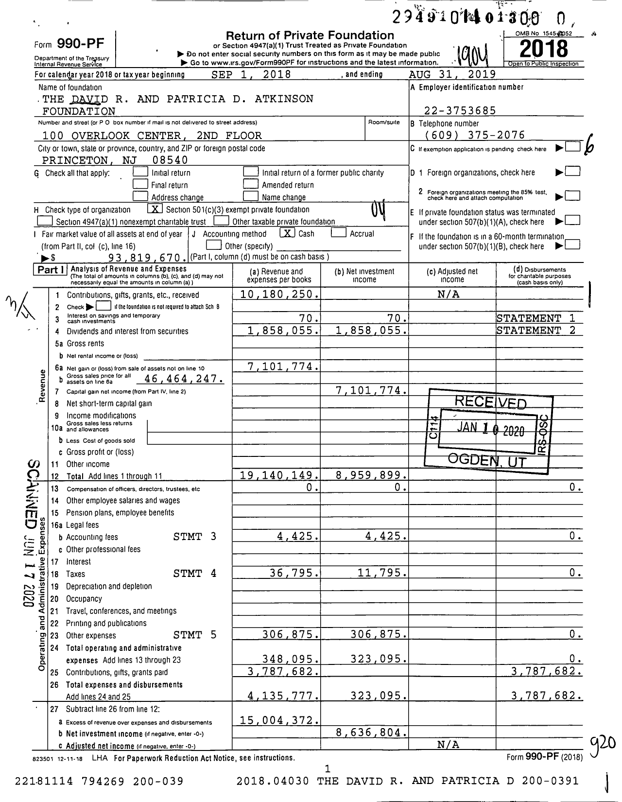 Image of first page of 2018 Form 990PR for The David R and Patricia D Atkinson Foundation