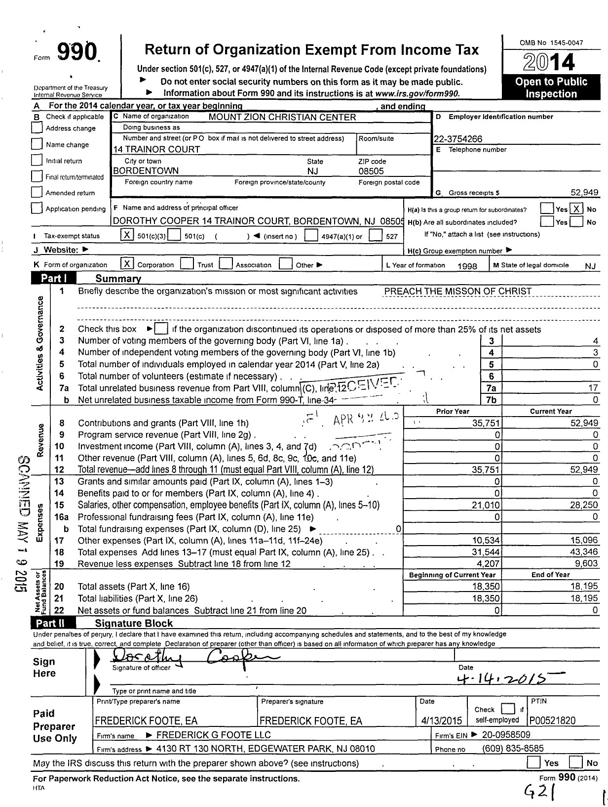 Image of first page of 2014 Form 990 for Mount Zion Christian Center