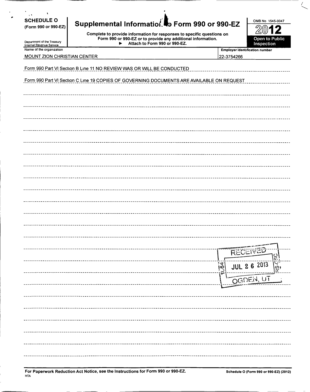 Image of first page of 2012 Form 990R for Mount Zion Christian Center