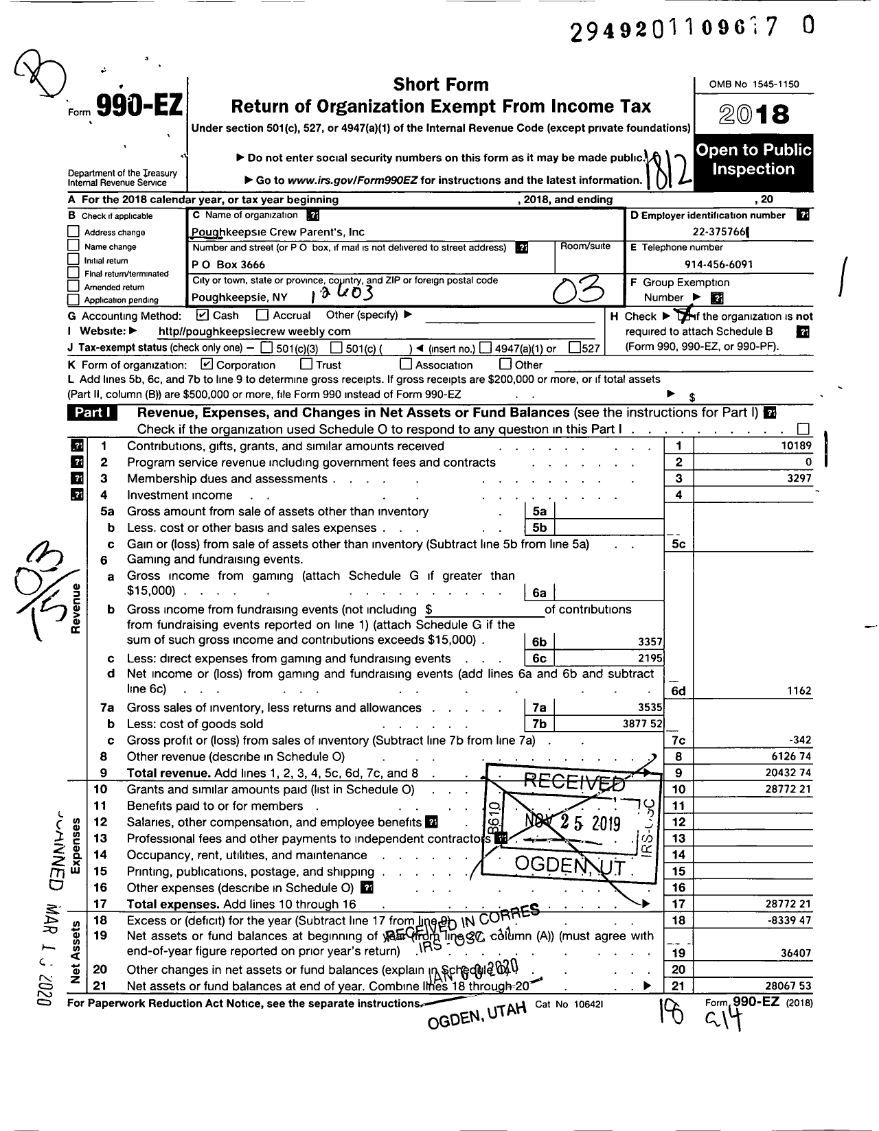 Image of first page of 2018 Form 990EZ for Poughkeepsie Crew Parents