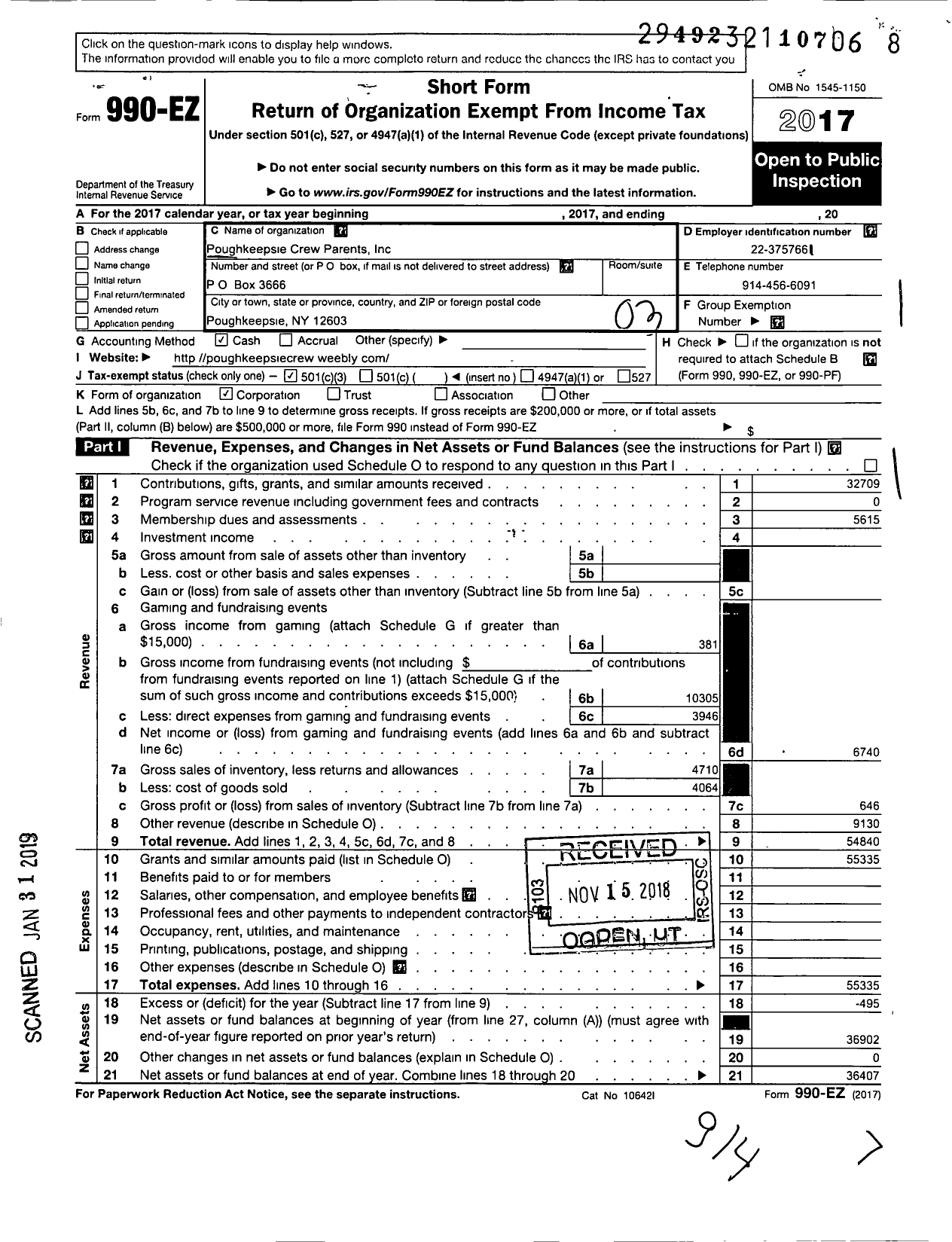 Image of first page of 2017 Form 990EZ for Poughkeepsie Crew Parents