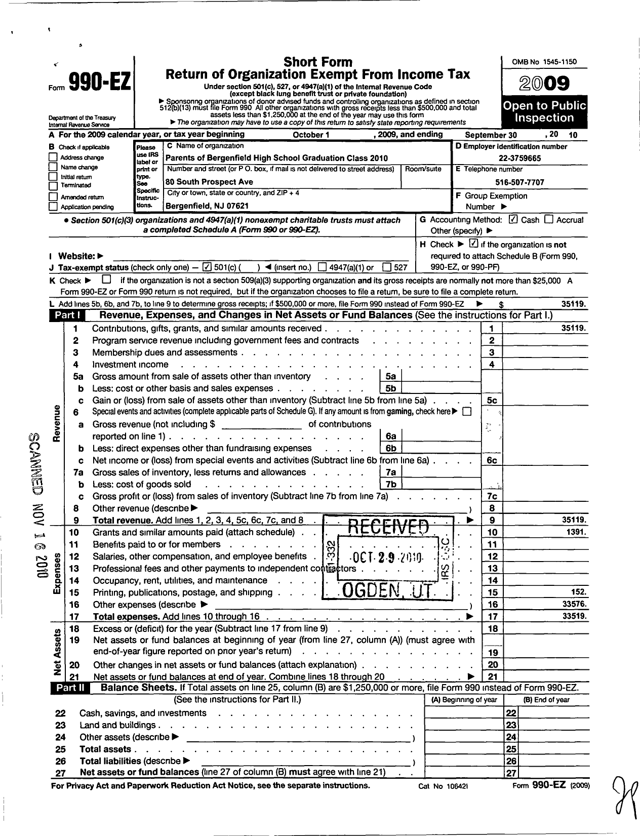 Image of first page of 2009 Form 990EO for Parents of Bergenfield High School Graduating Class