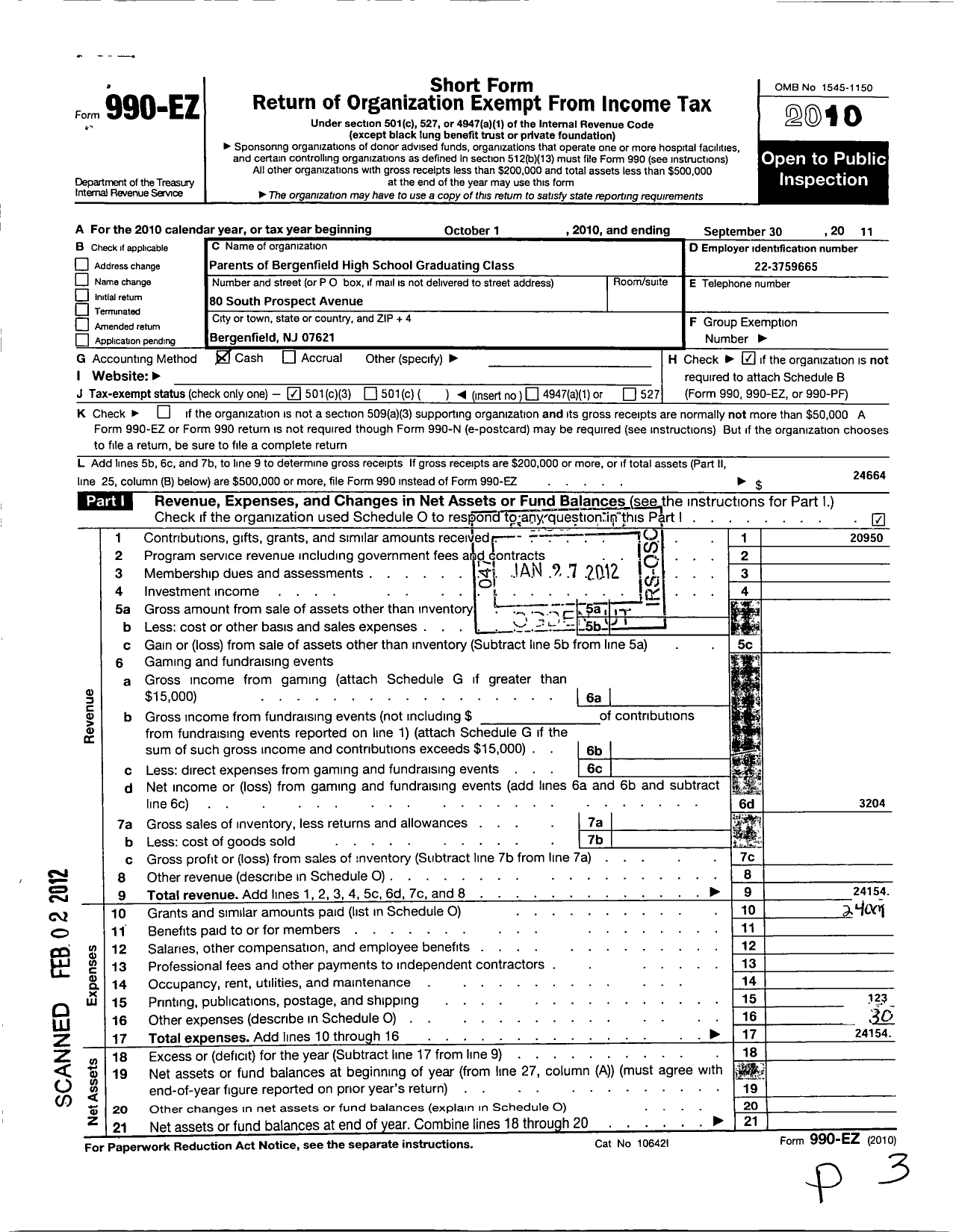 Image of first page of 2010 Form 990EZ for Parents of Bergenfield High School Graduating Class