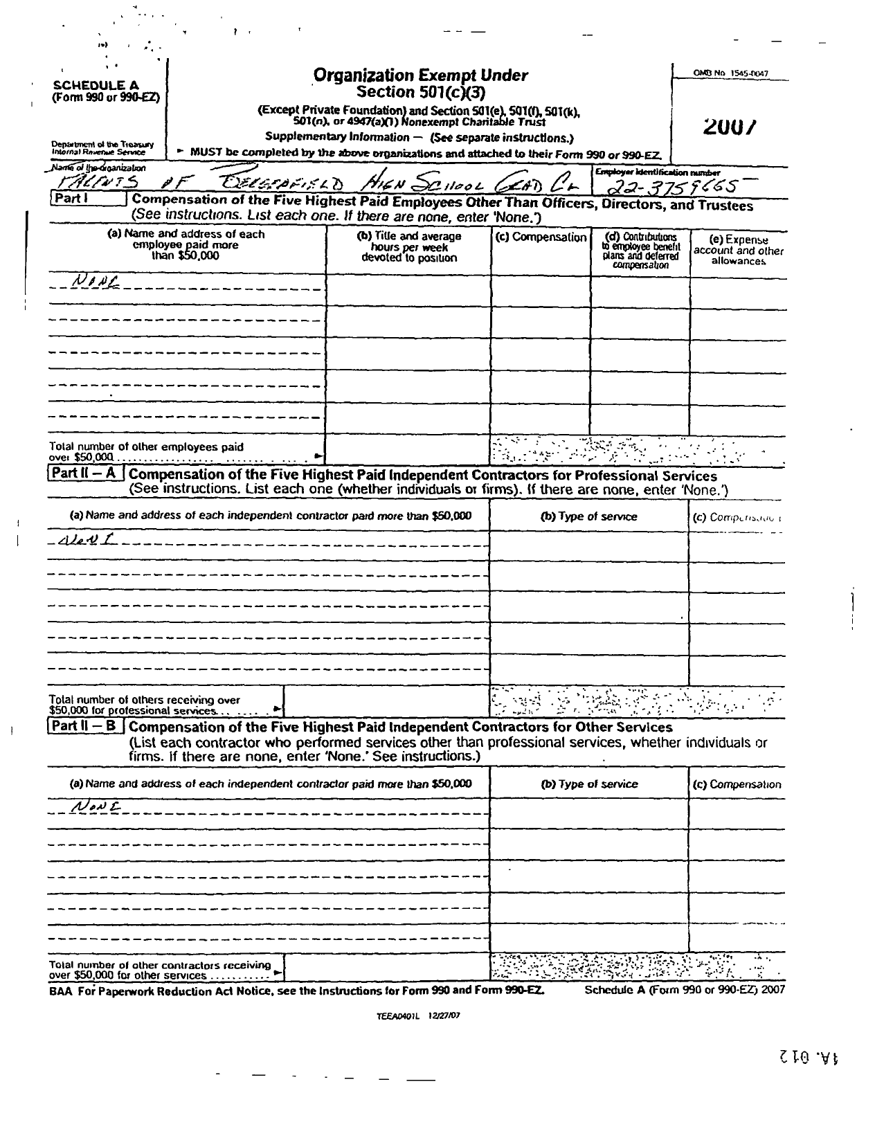 Image of first page of 2007 Form 990ER for Parents of Bergenfield High School Graduating Class