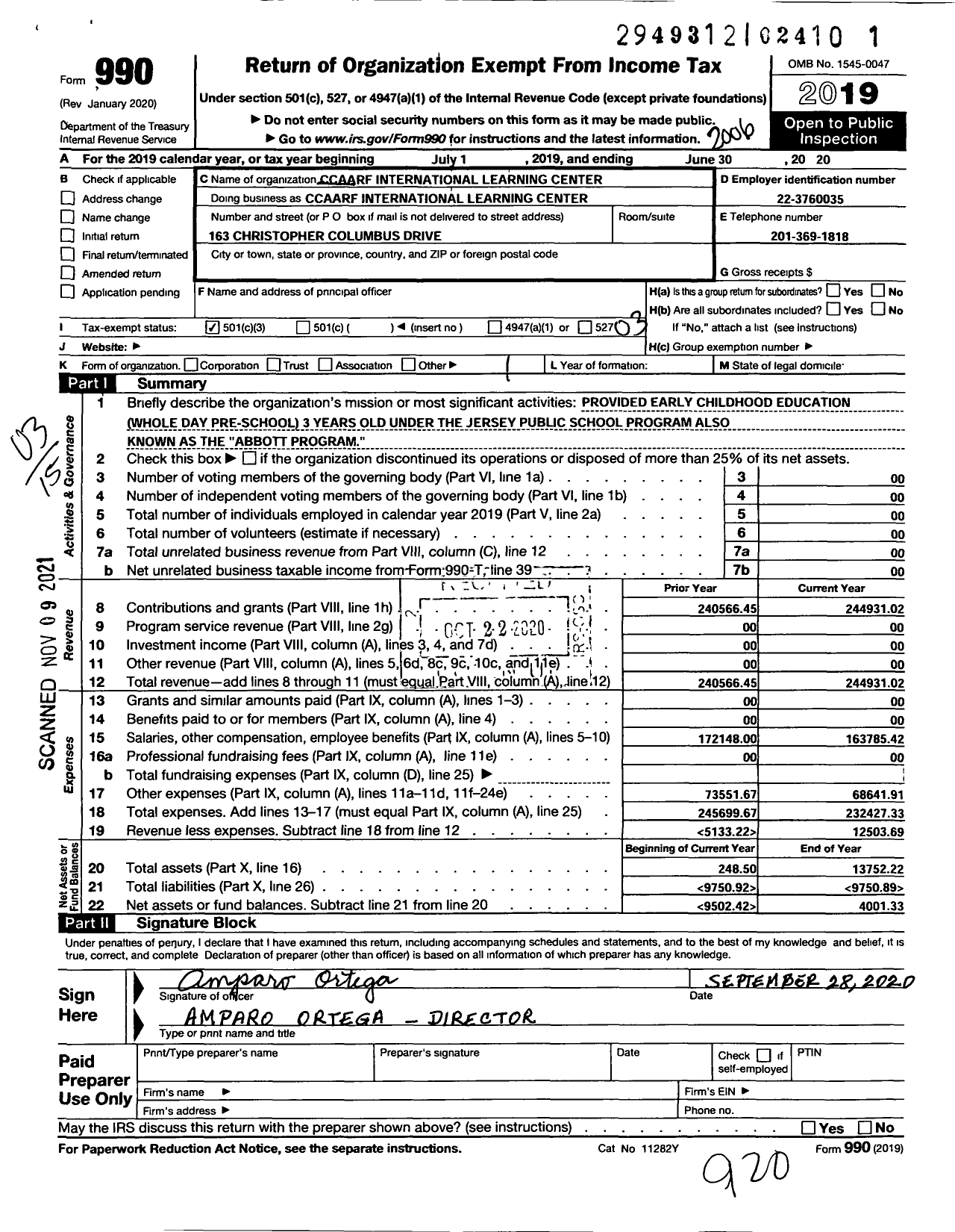 Image of first page of 2019 Form 990 for Ccaarf International Learning Center