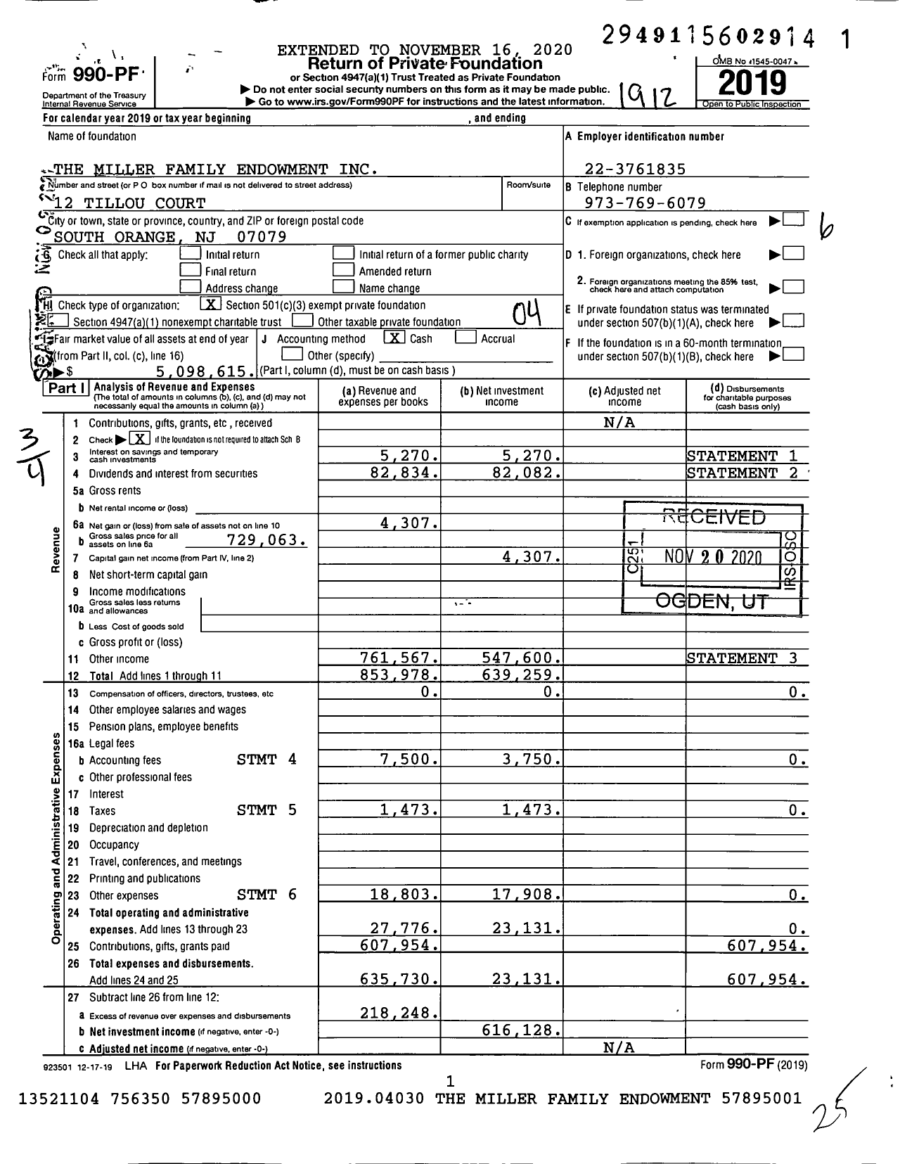 Image of first page of 2019 Form 990PF for The Miller Family Endowment