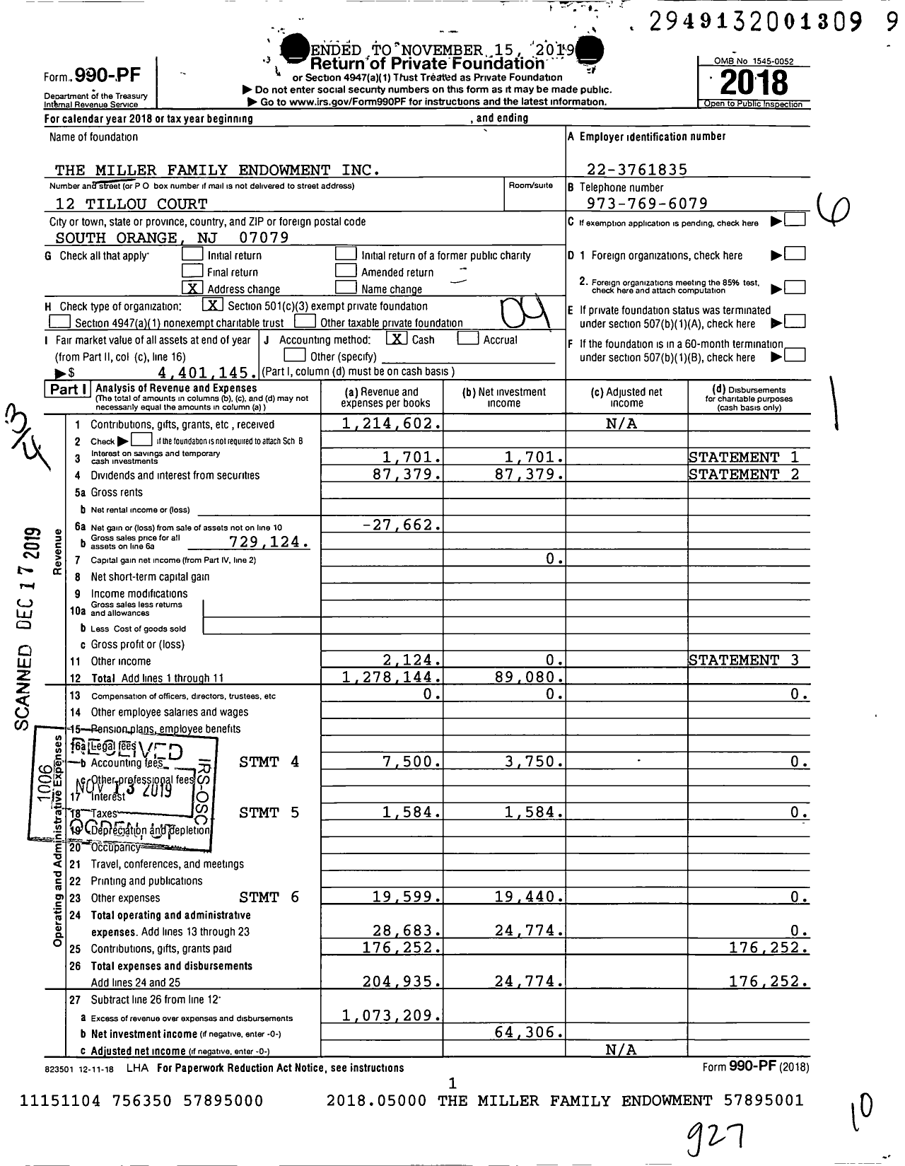 Image of first page of 2018 Form 990PF for The Miller Family Endowment