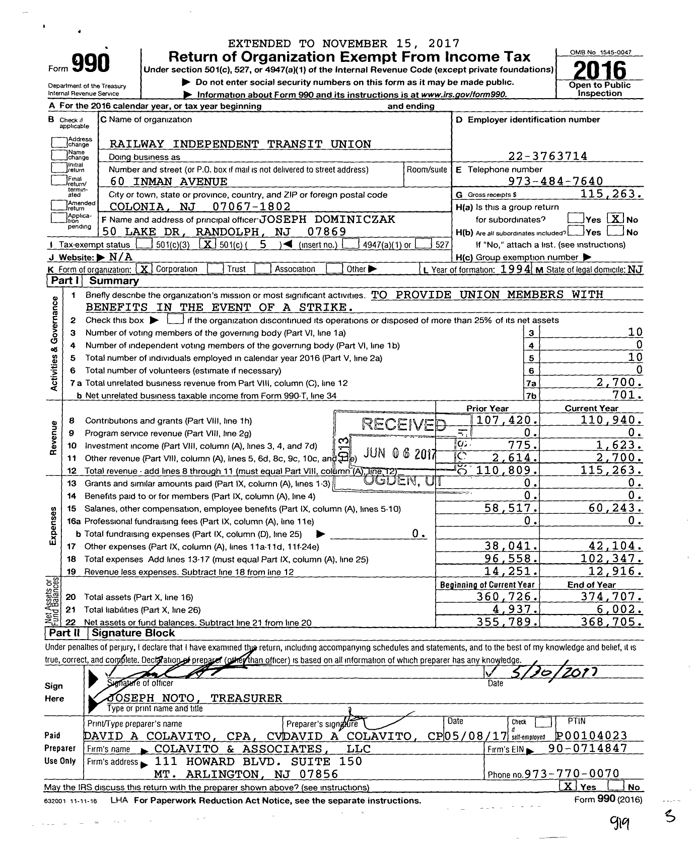 Image of first page of 2016 Form 990O for Railway Independent Transit Union