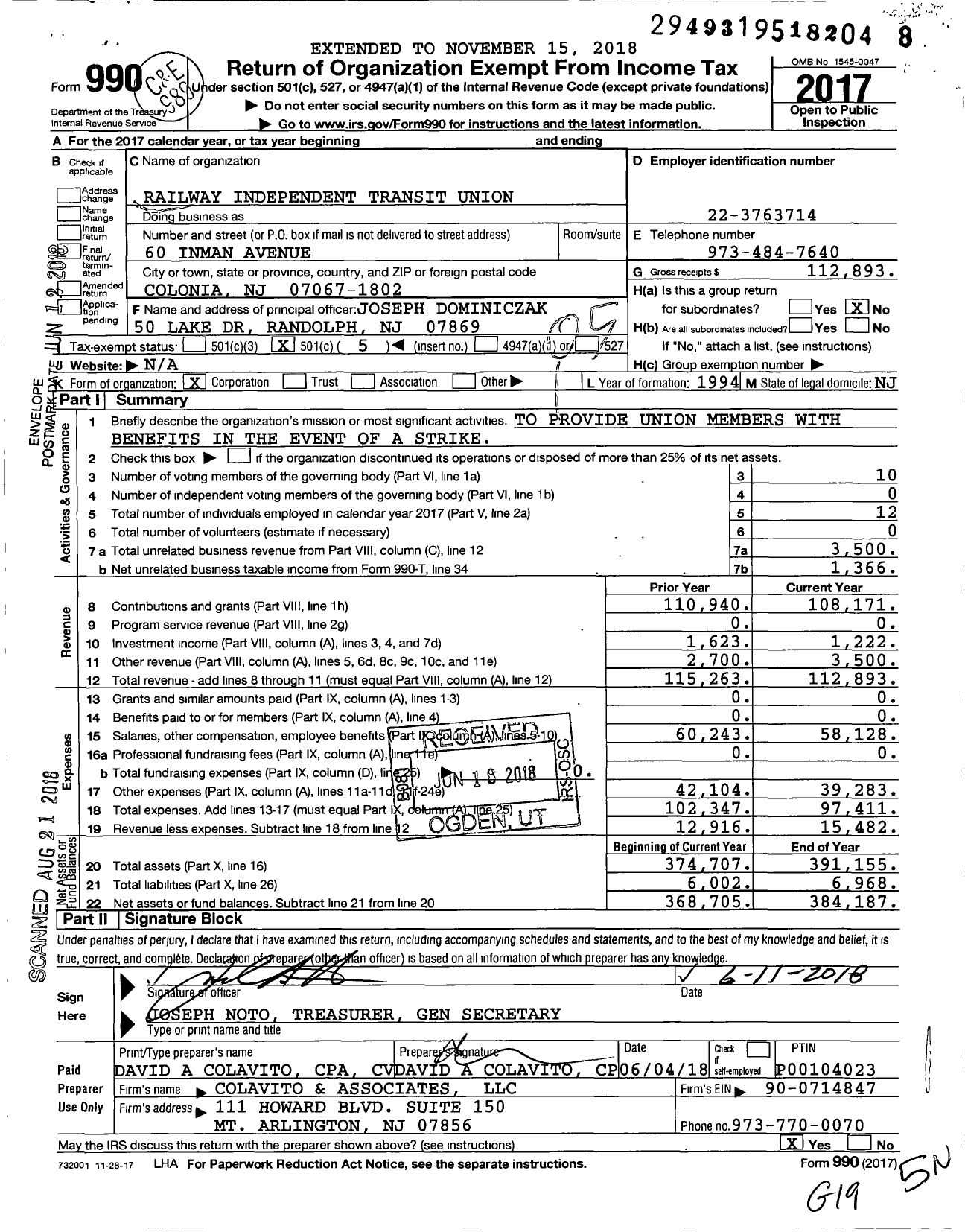 Image of first page of 2017 Form 990O for Railway Independent Transit Union