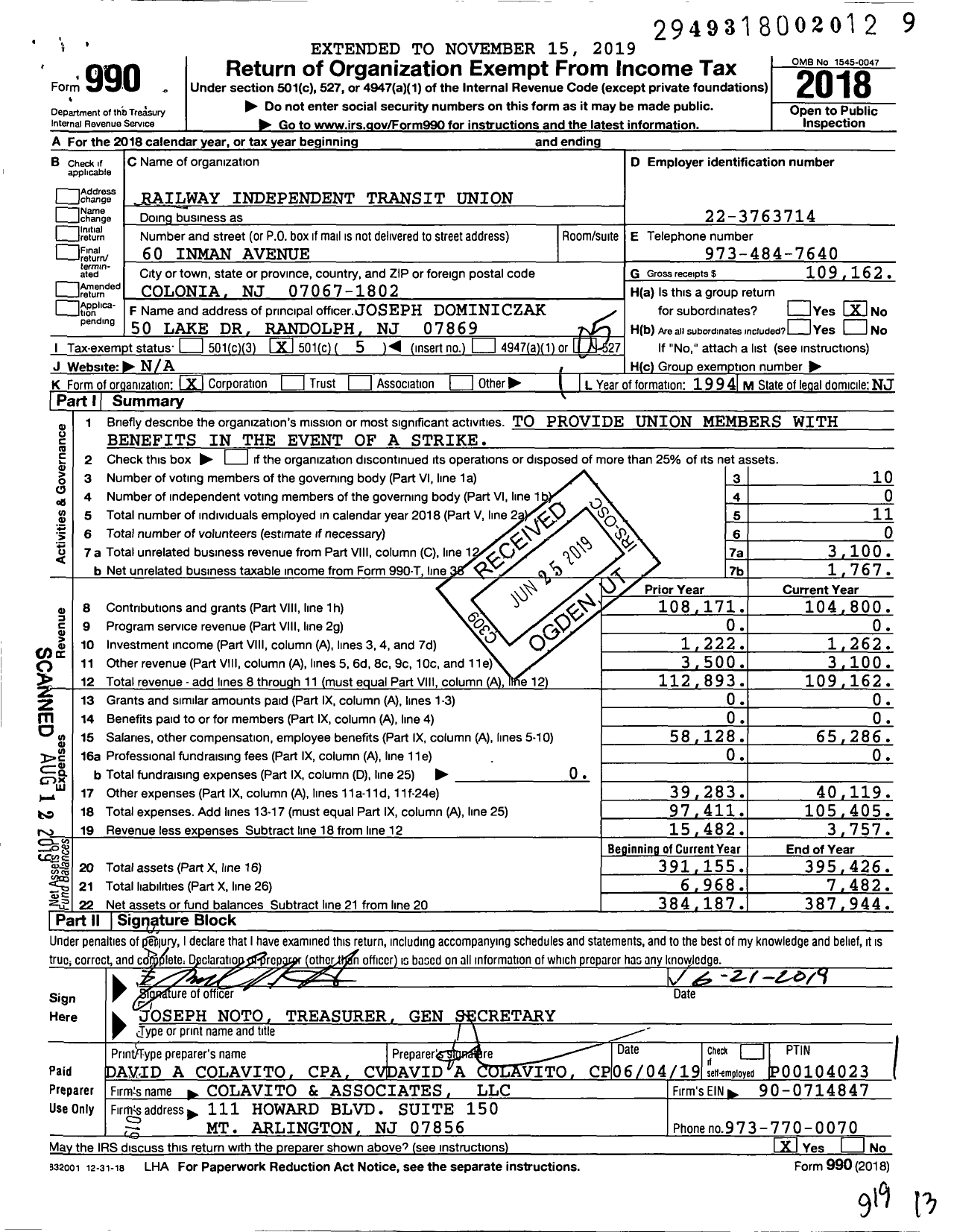 Image of first page of 2018 Form 990O for Railway Independent Transit Union