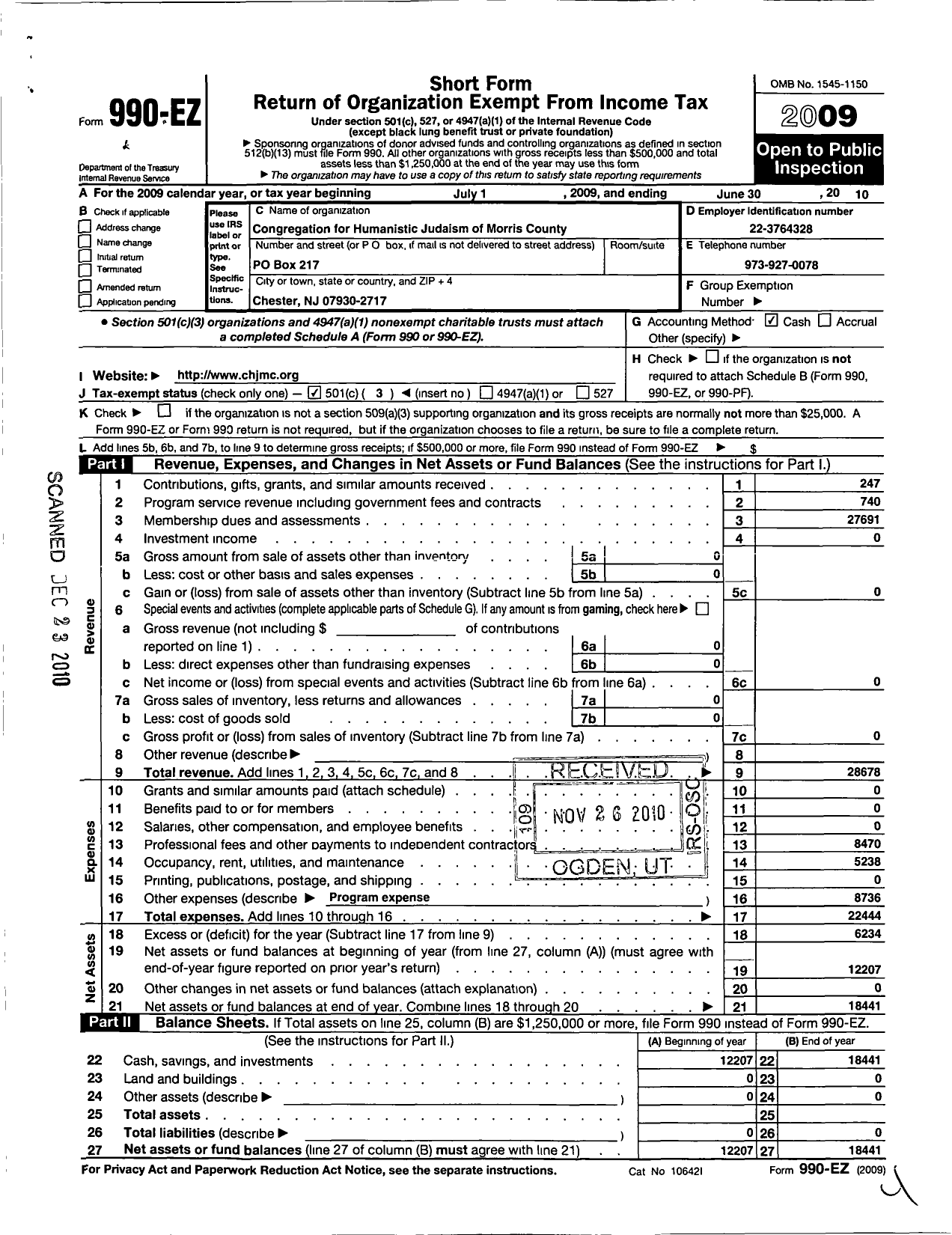 Image of first page of 2009 Form 990EZ for Congregation for Humanistic Judaism of Morris County