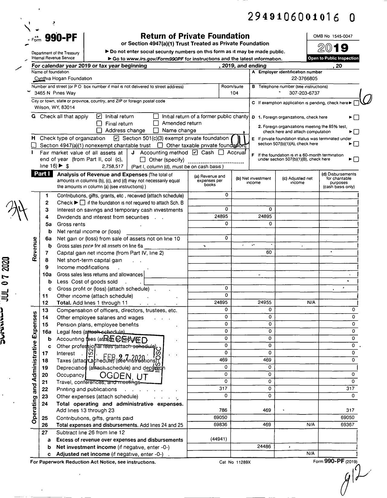 Image of first page of 2019 Form 990PR for Cynthia Hogan Foundation