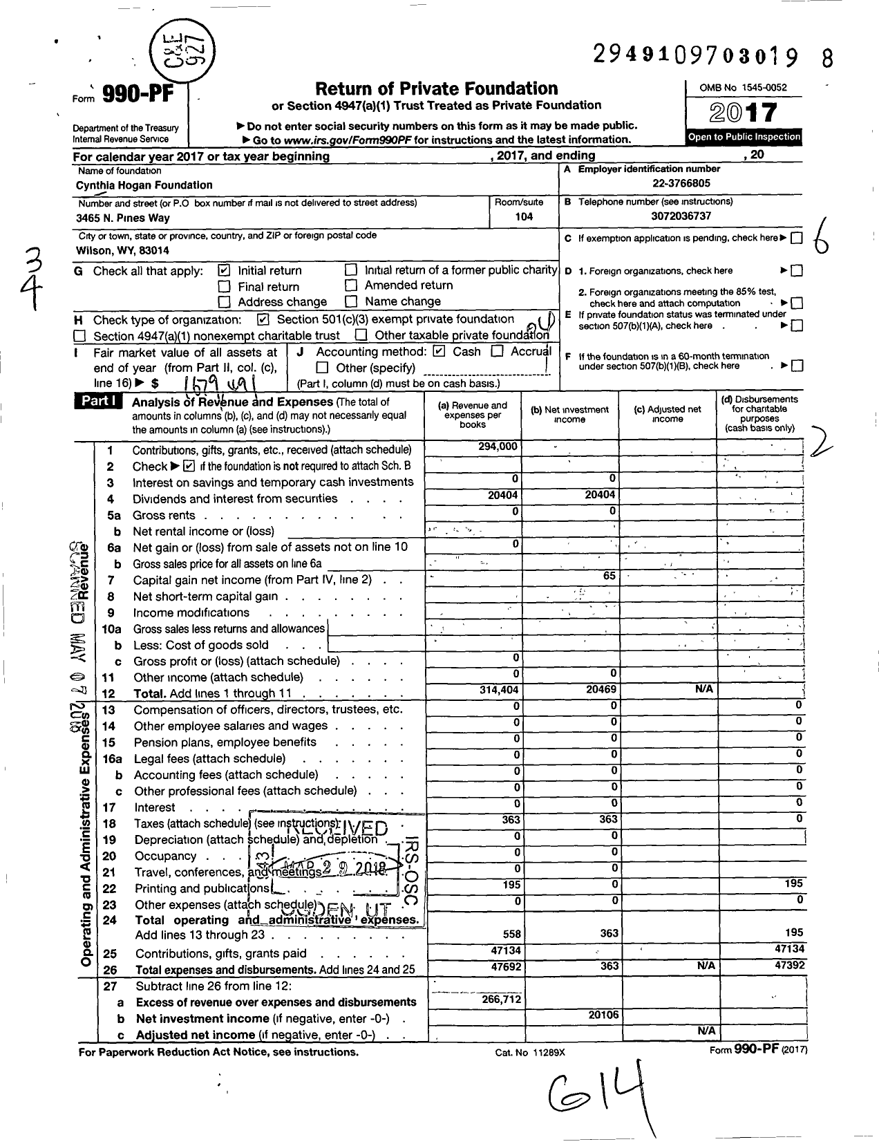 Image of first page of 2017 Form 990PF for Cynthia Hogan Foundation