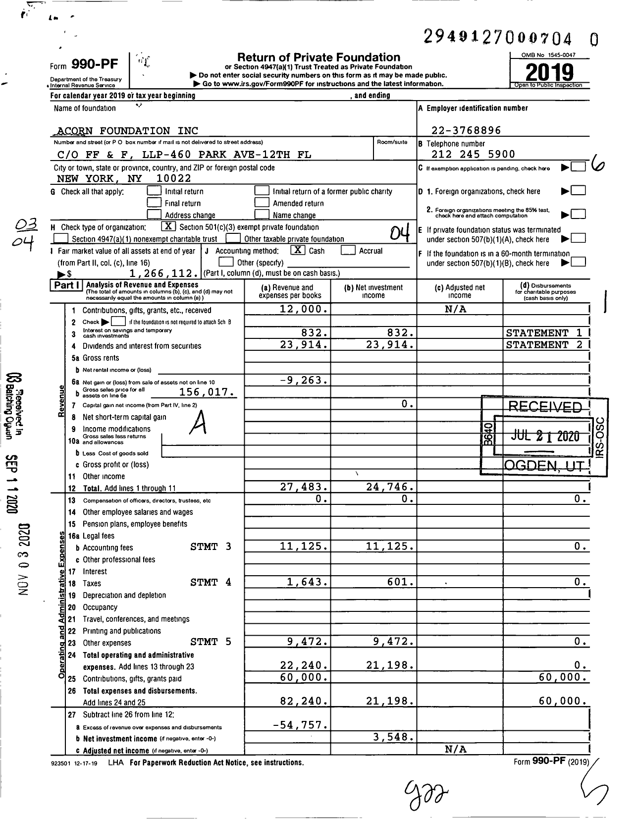 Image of first page of 2019 Form 990PF for Acorn Foundation