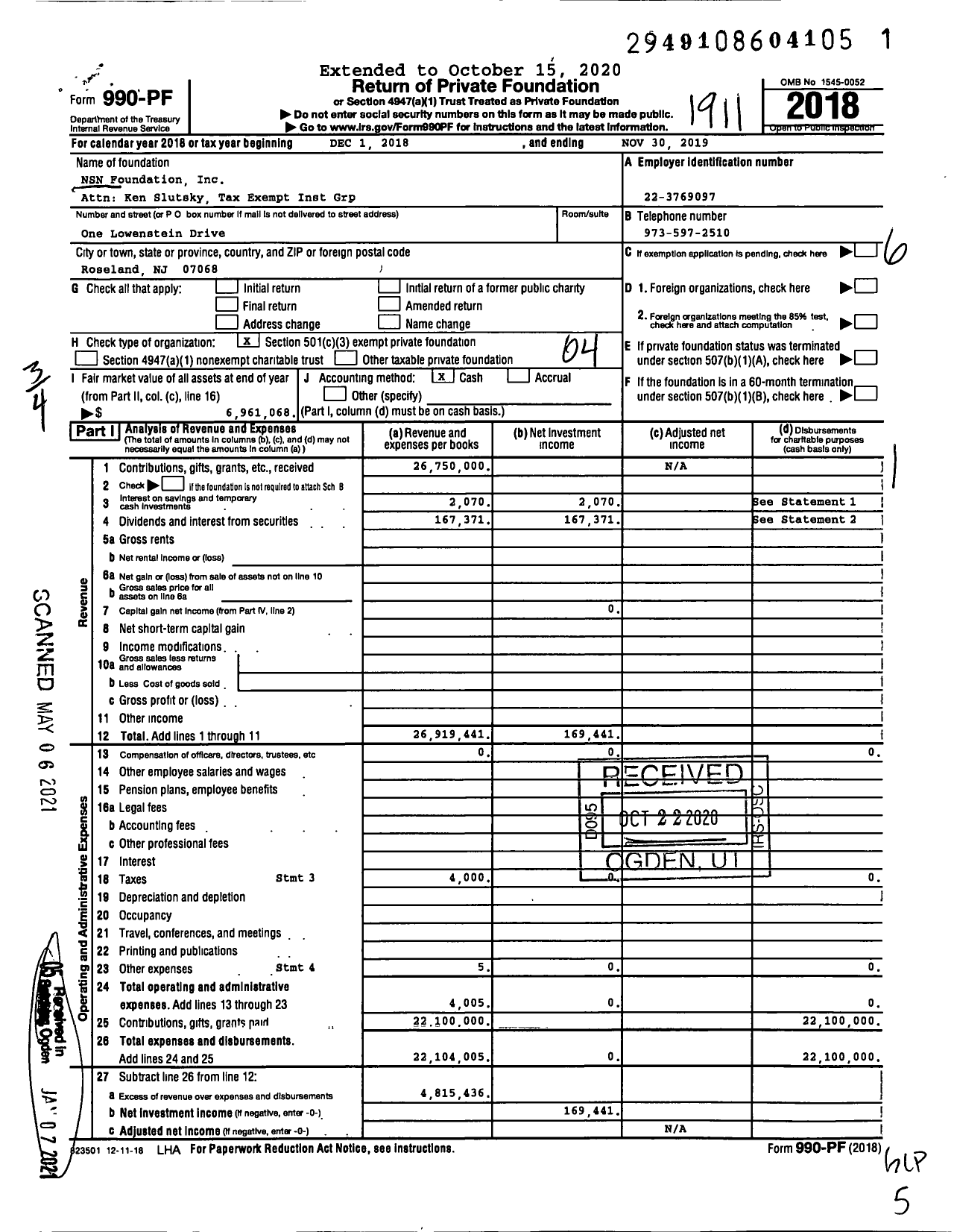 Image of first page of 2018 Form 990PF for NSN Foundation Inc Attn Ken Slutsky Tax Exempt Inst Grp