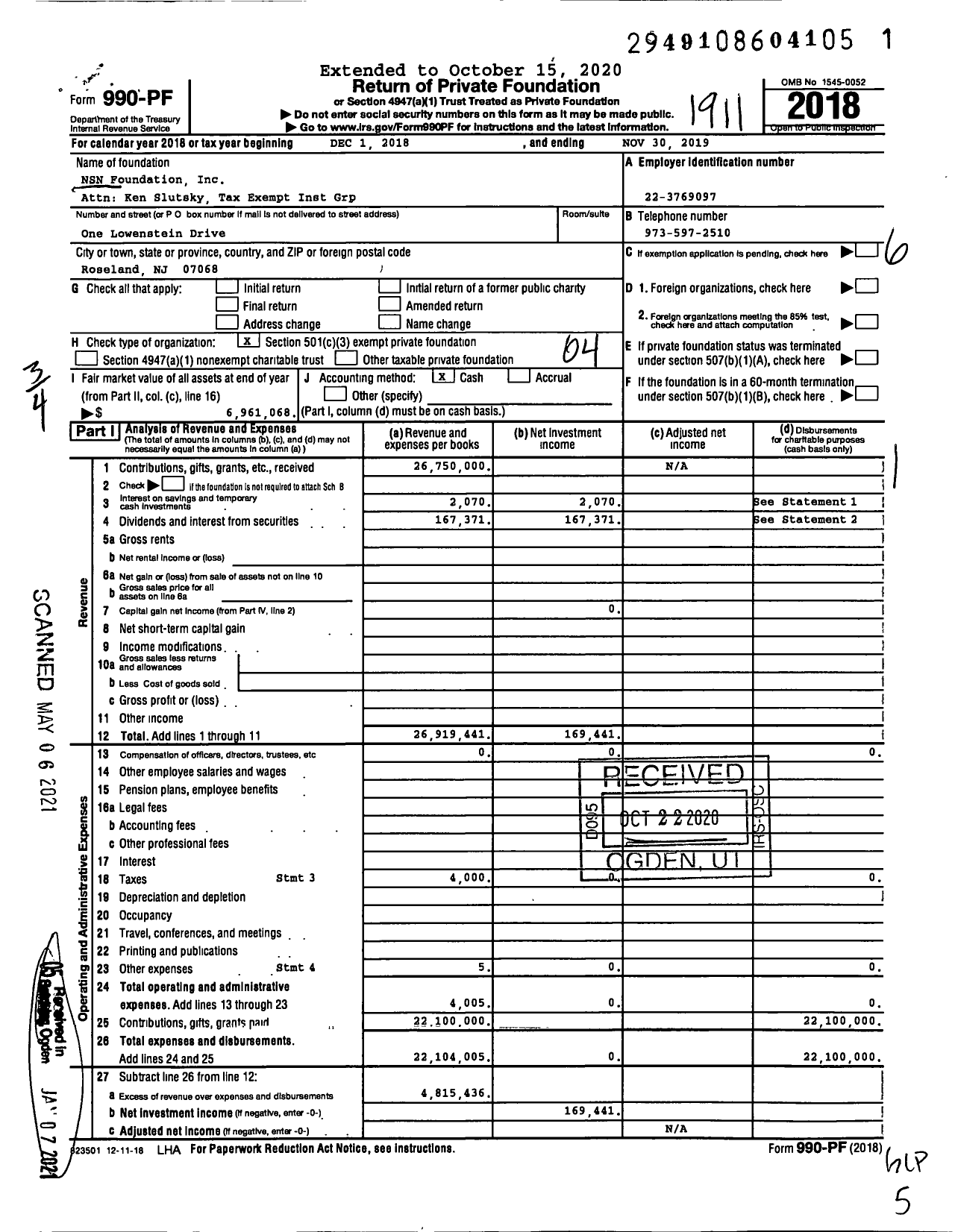 Image of first page of 2018 Form 990PF for NSN Foundation