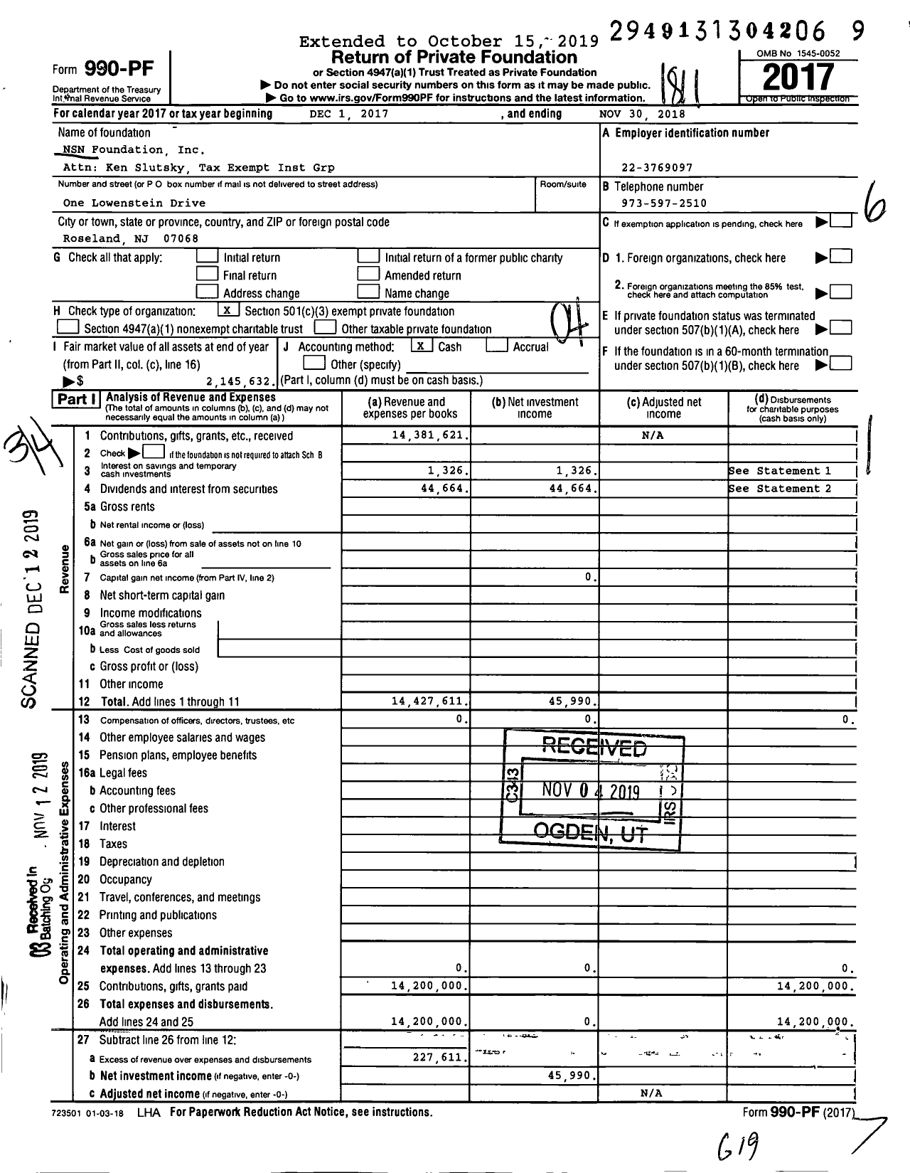 Image of first page of 2017 Form 990PF for NSN Foundation Inc Attn Ken Slutsky Tax Exempt Inst Grp