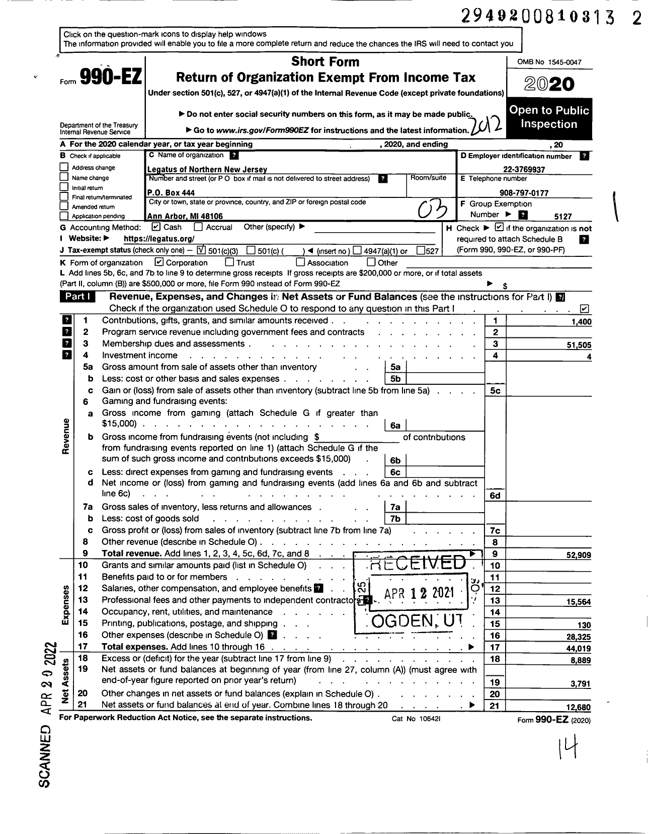 Image of first page of 2020 Form 990EZ for Legatus of Northern New Jersey