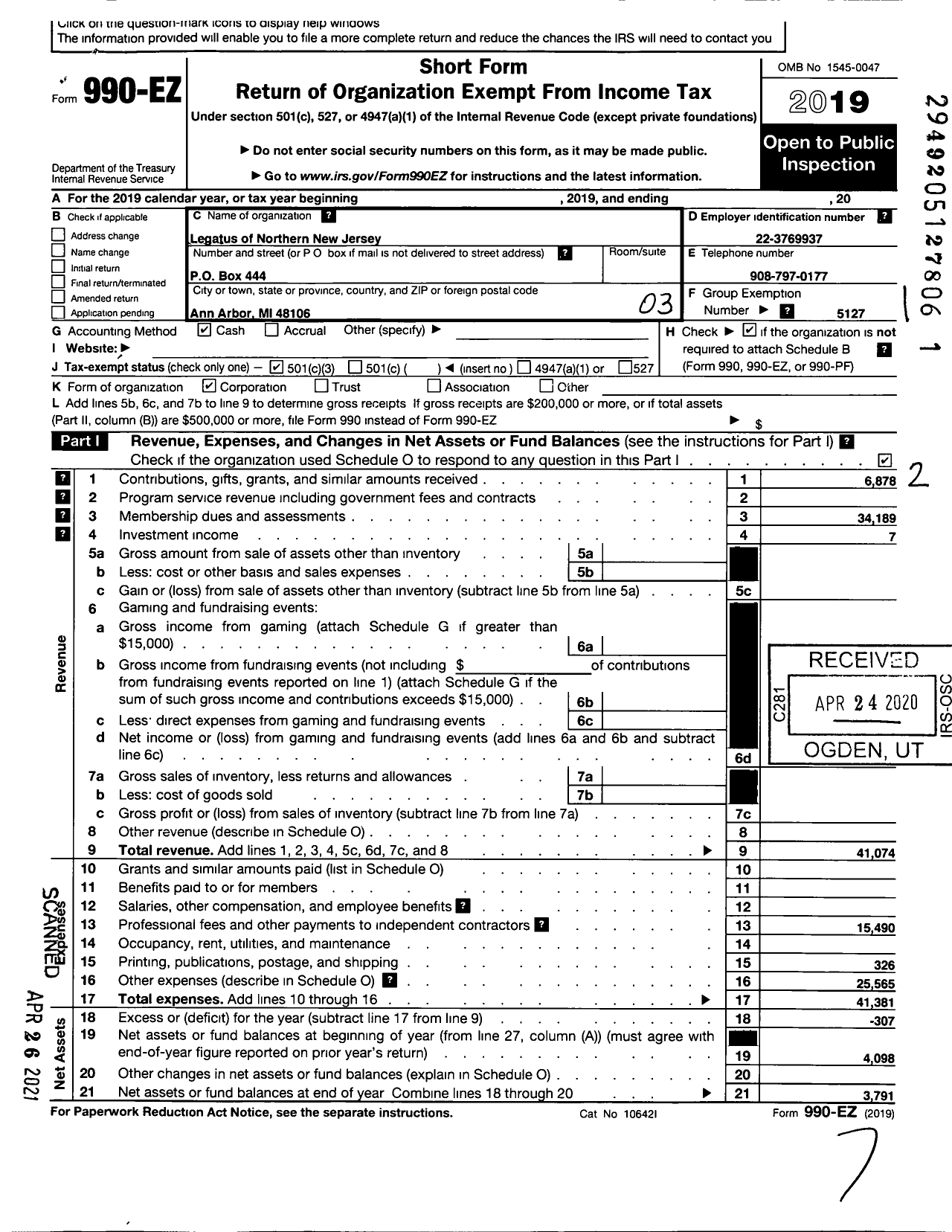 Image of first page of 2019 Form 990EZ for Legatus of Northern New Jersey