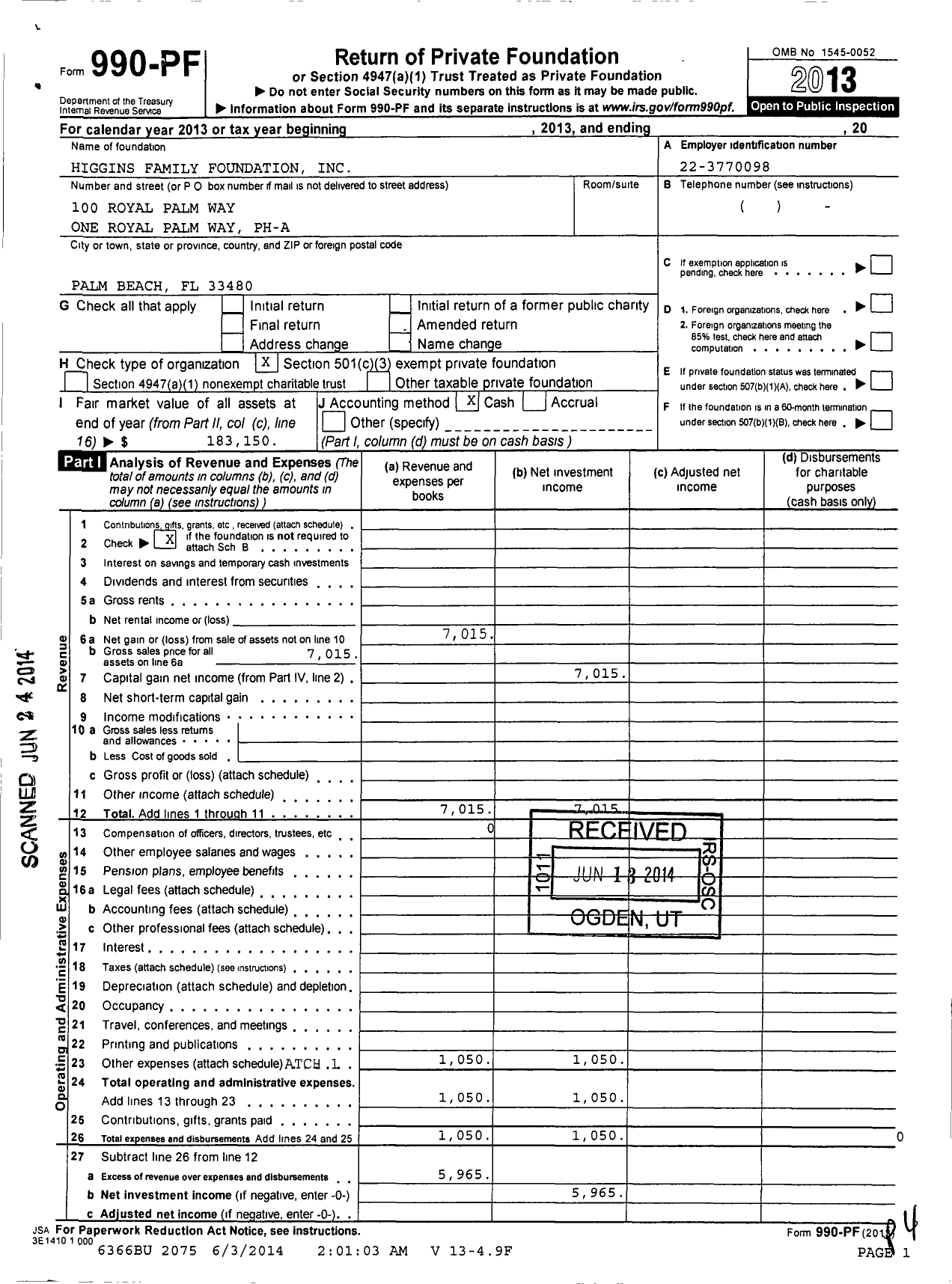 Image of first page of 2013 Form 990PF for Higgins Family Foundation