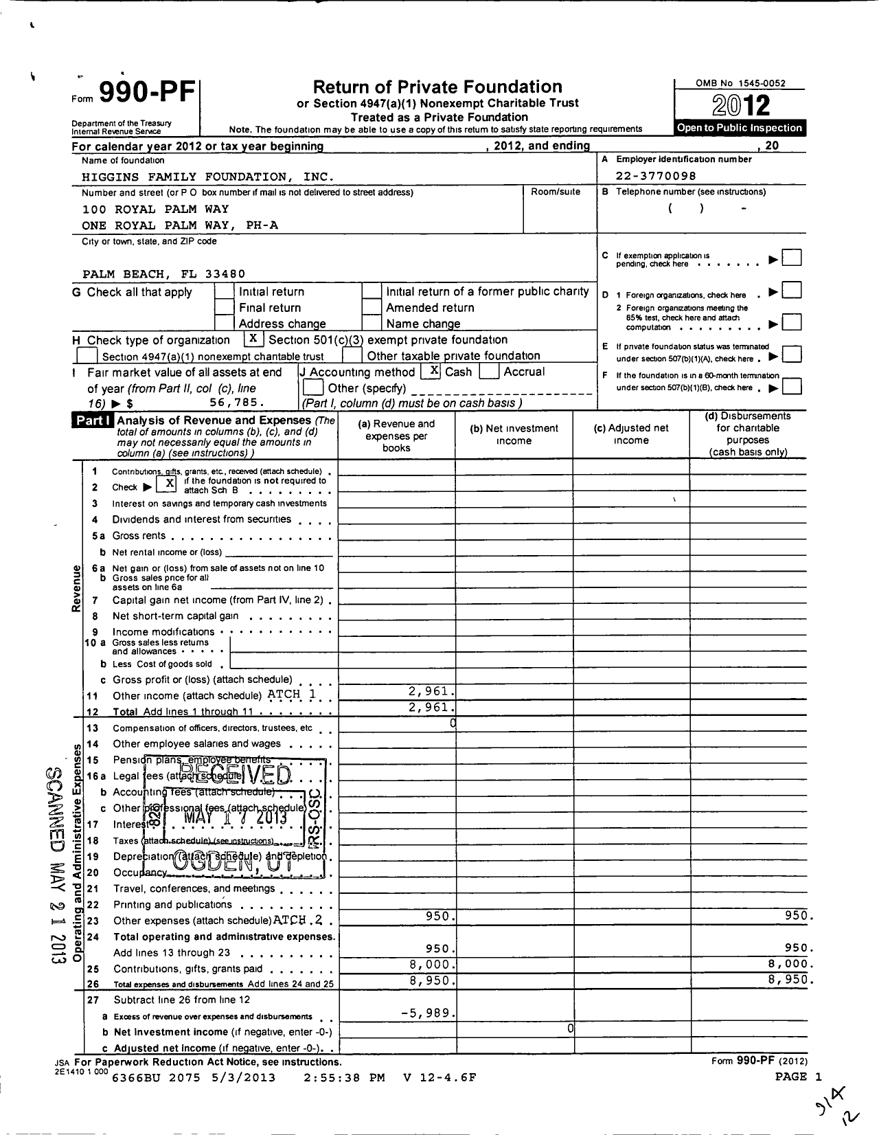 Image of first page of 2012 Form 990PF for Higgins Family Foundation