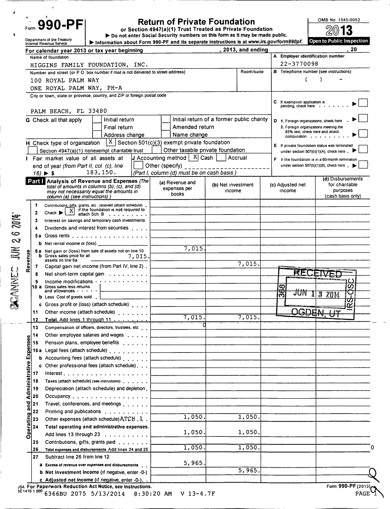 Image of first page of 2013 Form 990PF for Higgins Family Foundation