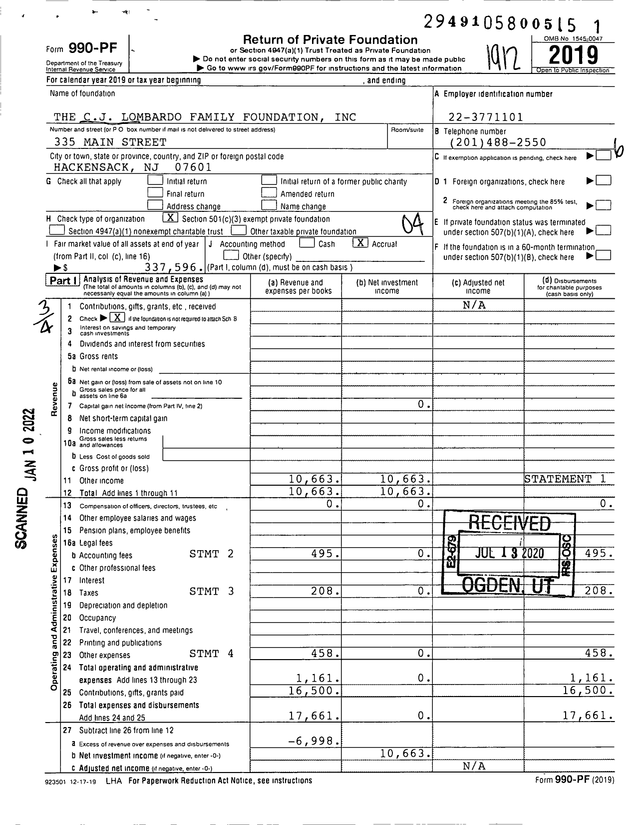 Image of first page of 2019 Form 990PF for The CJ Lombardo Family Foundation