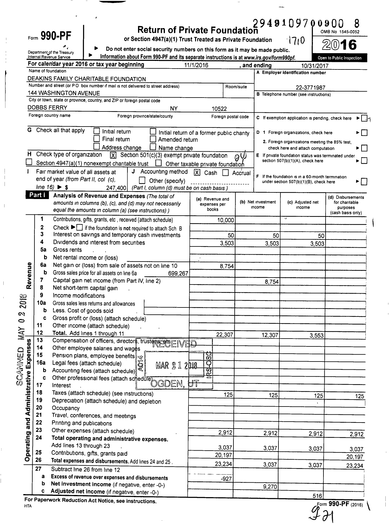 Image of first page of 2016 Form 990PF for Deakins Family Charitable Foundation