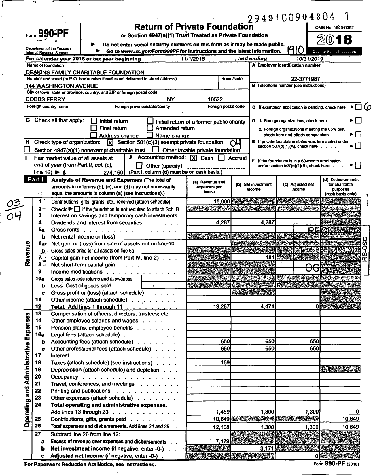 Image of first page of 2018 Form 990PF for Deakins Family Charitable Foundation