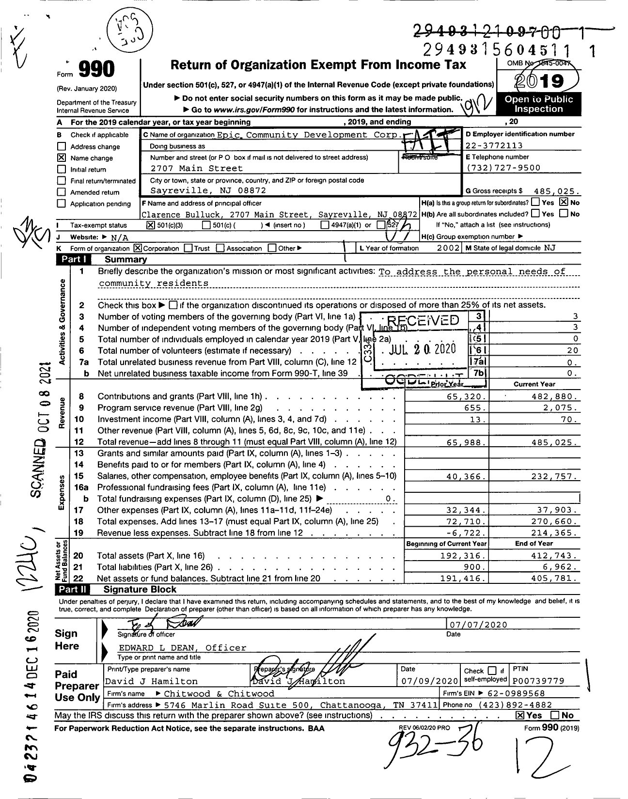 Image of first page of 2019 Form 990 for Epic Community Development Corp