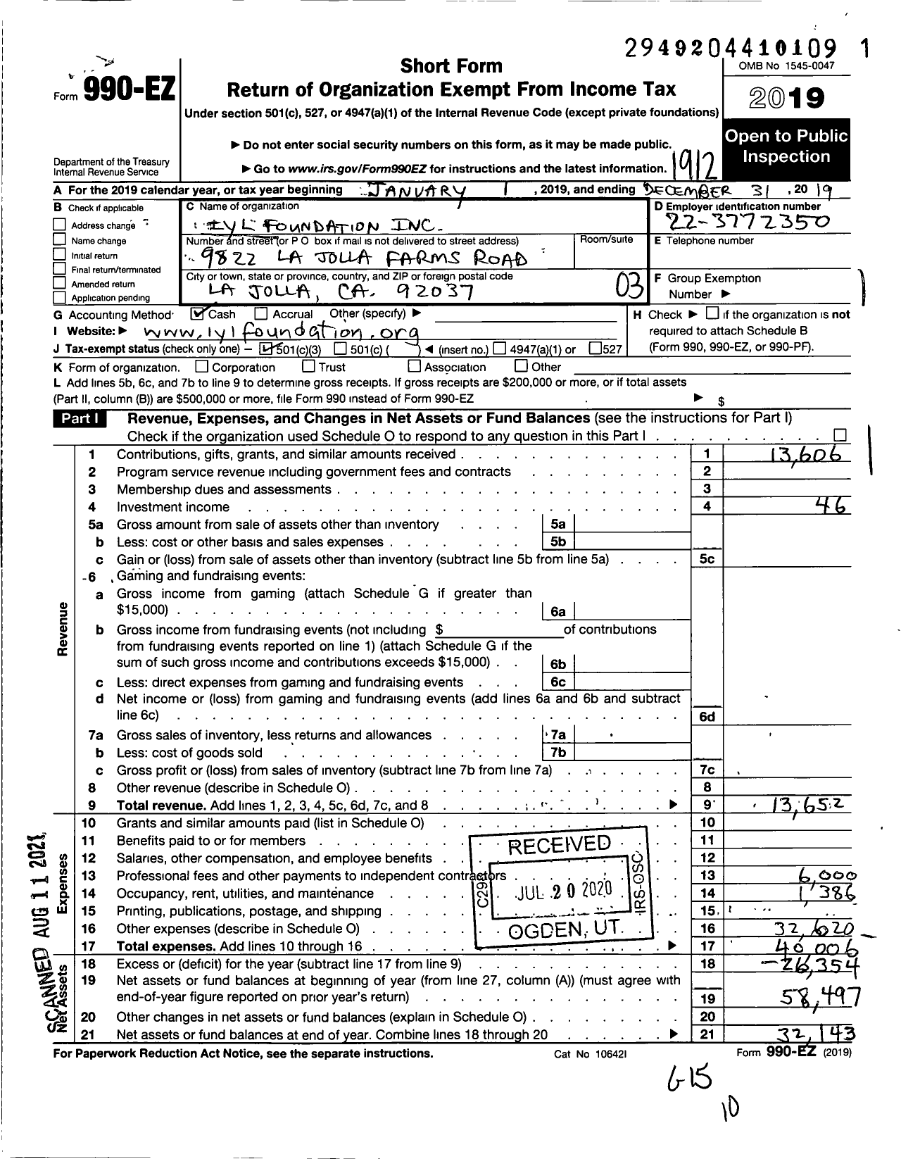 Image of first page of 2019 Form 990EZ for Iyl Foundation