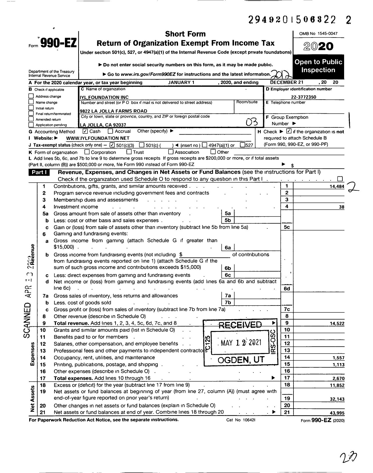 Image of first page of 2020 Form 990EZ for Iyl Foundation