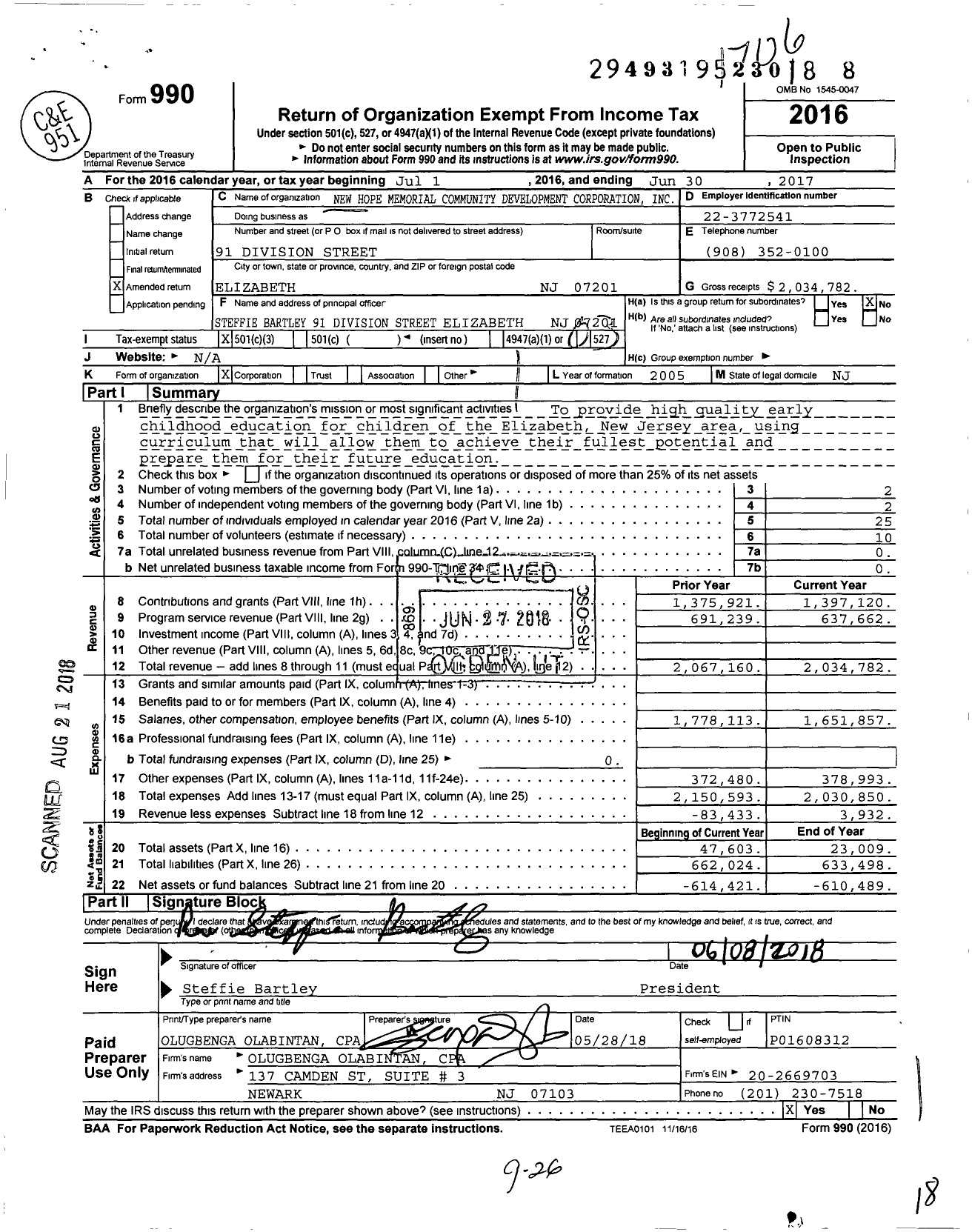 Image of first page of 2016 Form 990 for New Hope Memorial Community Development Corporation