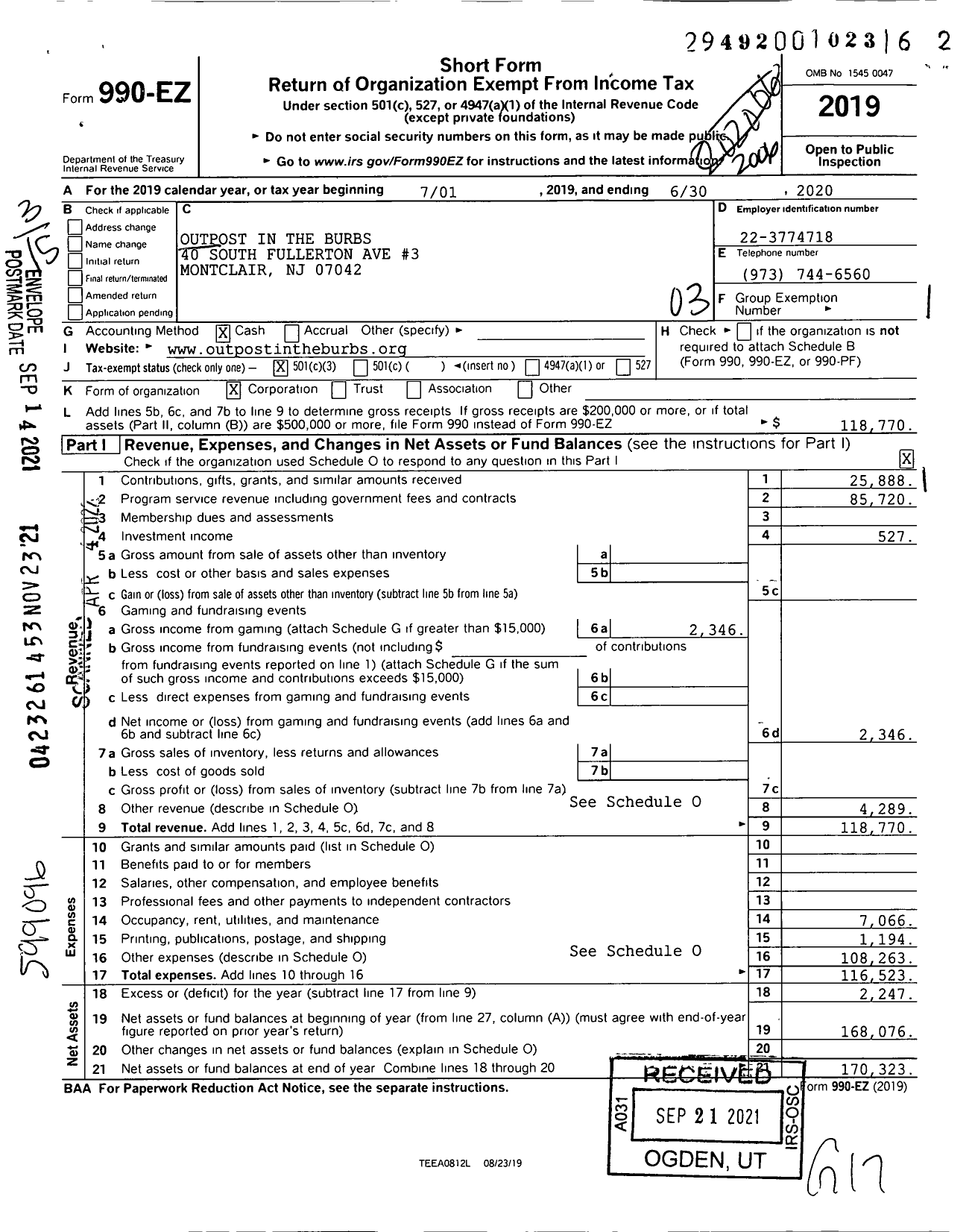 Image of first page of 2019 Form 990EZ for Outpost in the Burbs